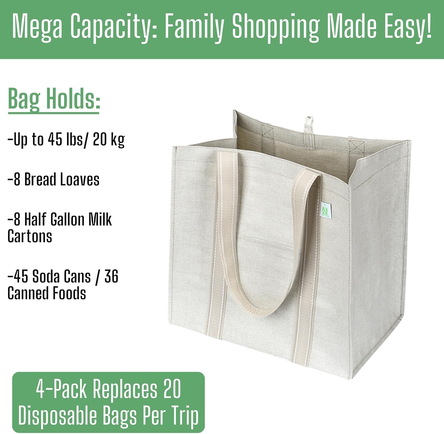 VENO 4 Pack Reusable Grocery Bags, Heavy-Duty Shopping Bags with Handles, Bags for Shopping Cart with Hard Bottom to Stand Upright, Foldable, Multi-Purpose, Sustainable (Beige, 4 Pack)