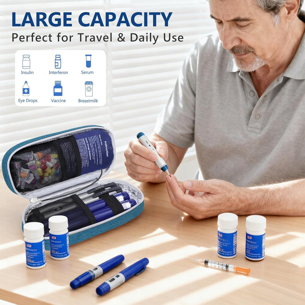 Insulin Cooler Travel Case TSA Approved with Temperature Display – Diabetic Medication Travel Case with 2 × 90g Ice Packs, Portable Medicine Organizer for 3–4 Insulin Pens and Diabetic Supplies(Blue)