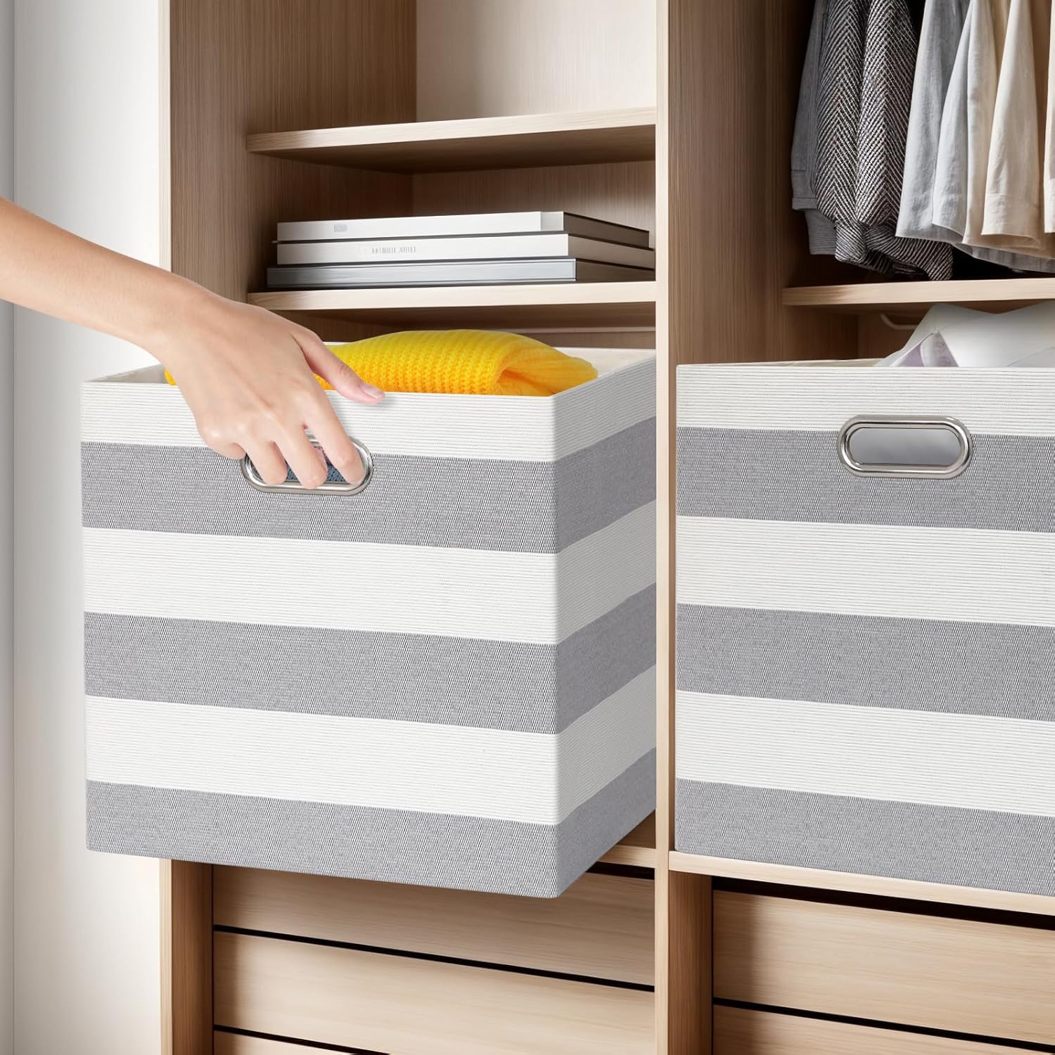 13x13x13 Storage Cube Bins, Foldable Storage Cubes Cubby Baskets Organizer Cloth Bins for Cube Storage Organizing Shelf Closet, Pack of 4, Gray/White Stripe