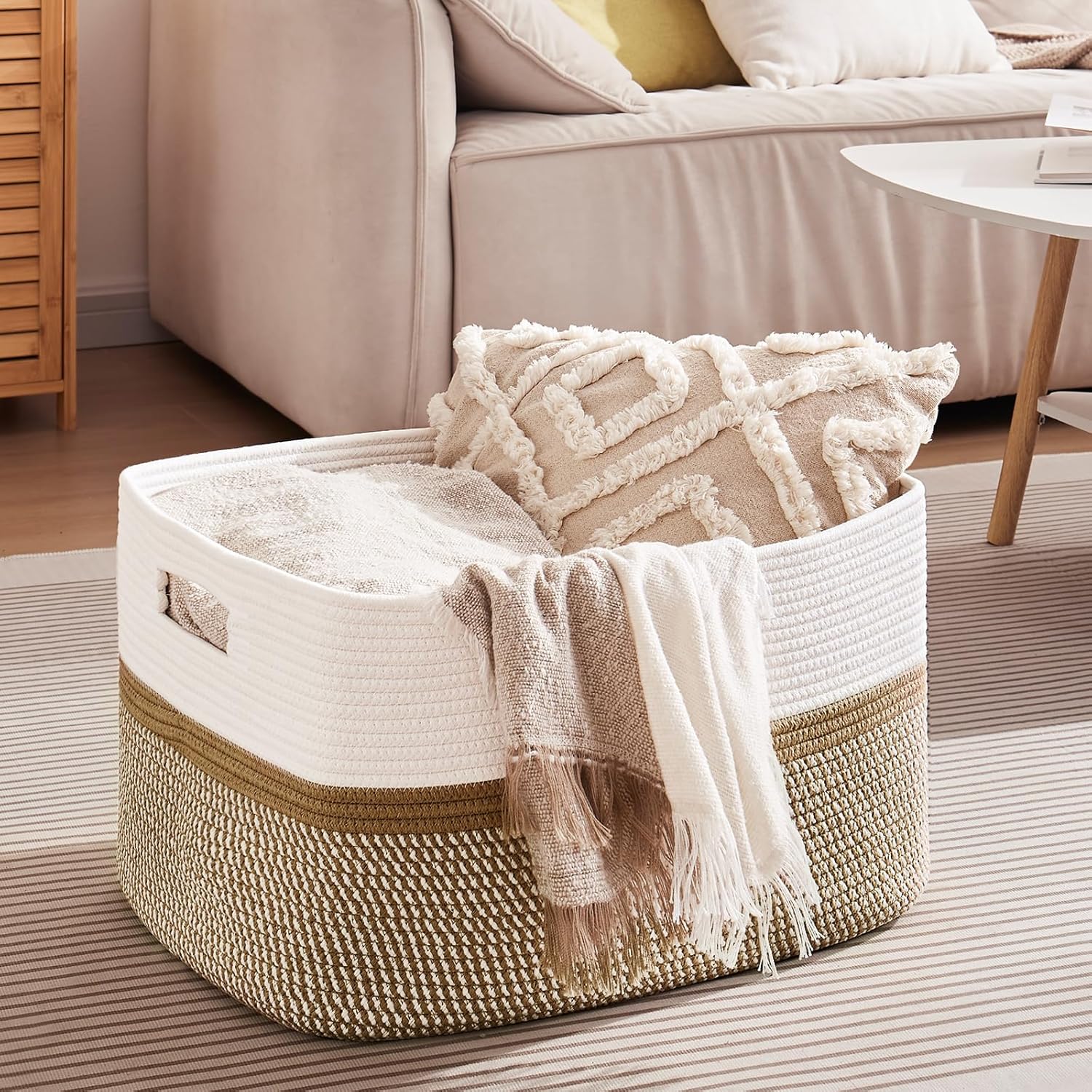 OIAHOMY Large Blanket Basket, 22”x17”x12” Rectangle Woven Baskets, Nursery Blanket Storage Living Room, Toy Storage With Handle, Large Baskets for Organizing-Yellow/White