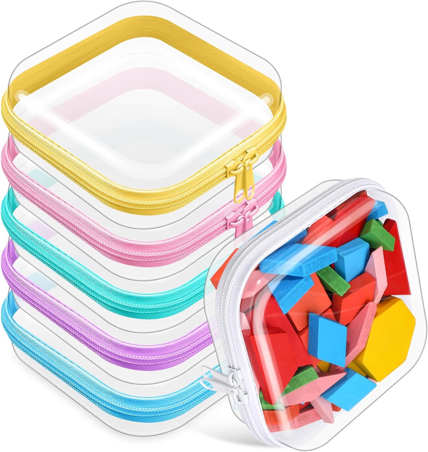 Sanwuta 6 Pcs Clear Hard Zipper Case Hard Plastic Zipper Pouches Transparent Makeup Bag Pencil Pouches for Travel Snacks Christmas Trinket Storage Organizer Box(Colorful,5 x 5 x 2 Inch)