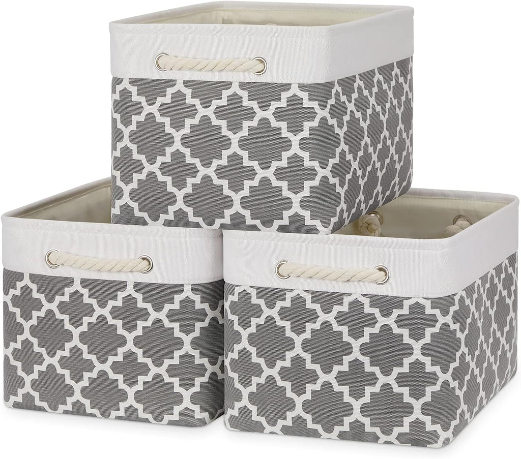 Bidtakay Basket Storage Bins Baskets for Organizing Set of 3 Collapsible Cloth Storage Linen Closet Organizer 15 X 11 X 9.5 Inches Large Foldable Baskets for Shelves (White&Quatrefoil Grey)