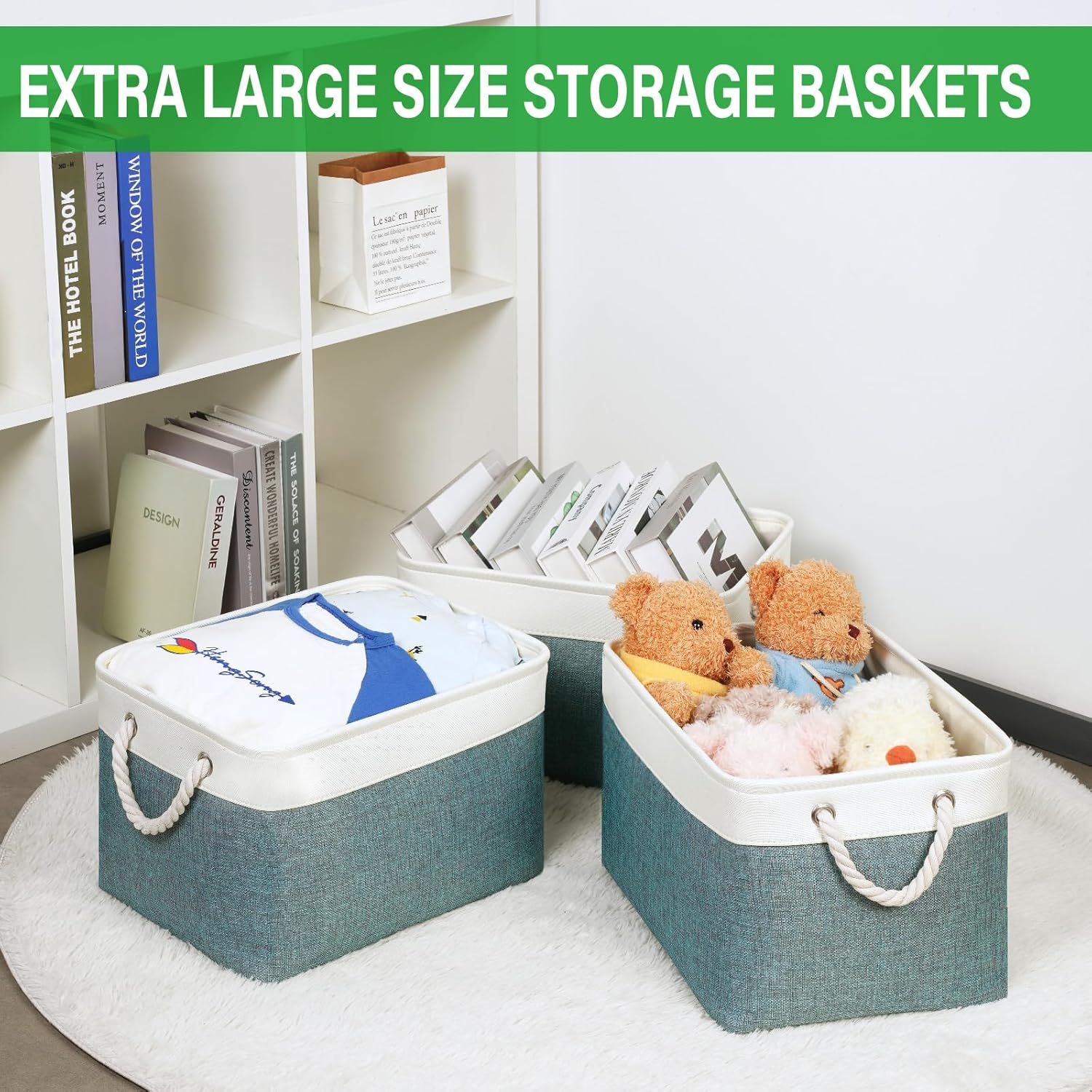 Bidtakay Fabric Storage Baskets for Shelves 3 Pack Large Storage Bins for Organizing Linen Collapsible Organizer for Closet-Deep Green