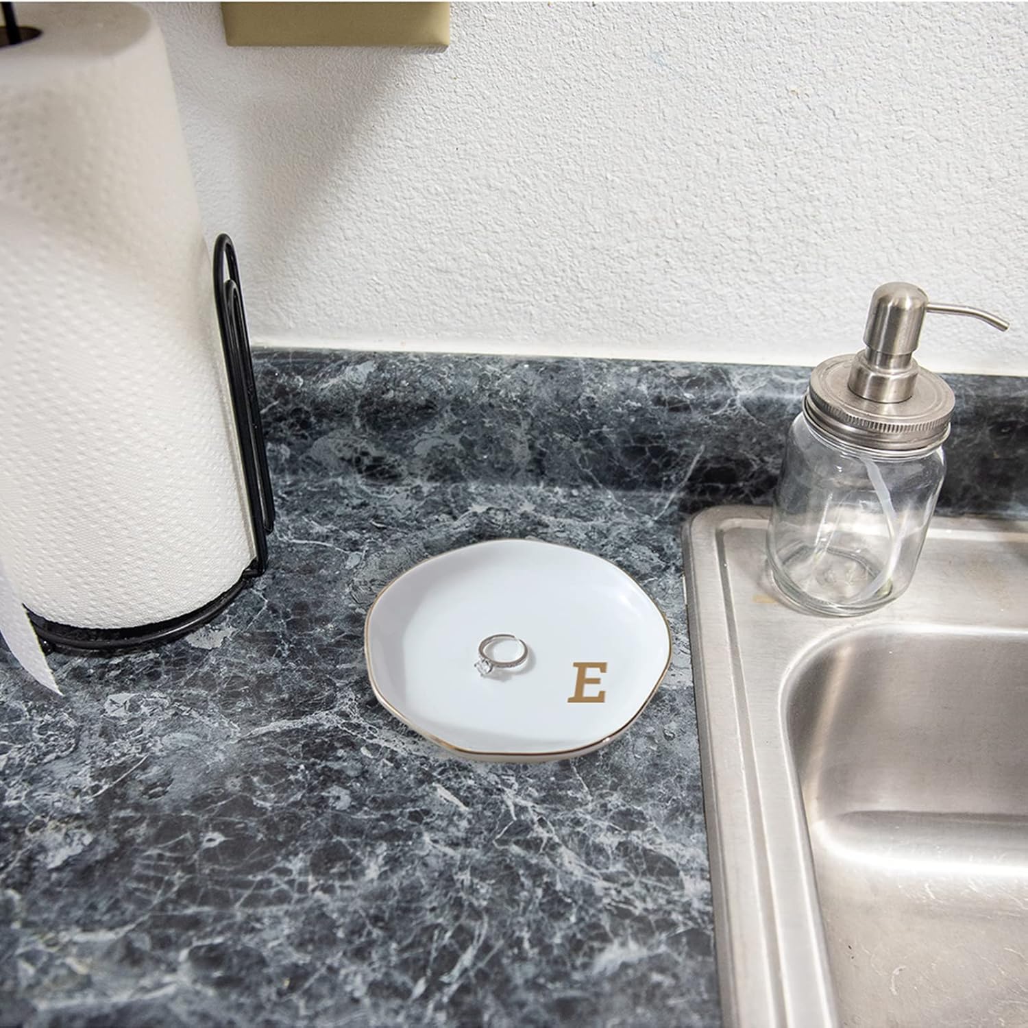 Initials Ring Dish Jewery Tray with Personalized E-Monogrammed Gifts Wedding Engagement for Women Friends sister,Ceramic White