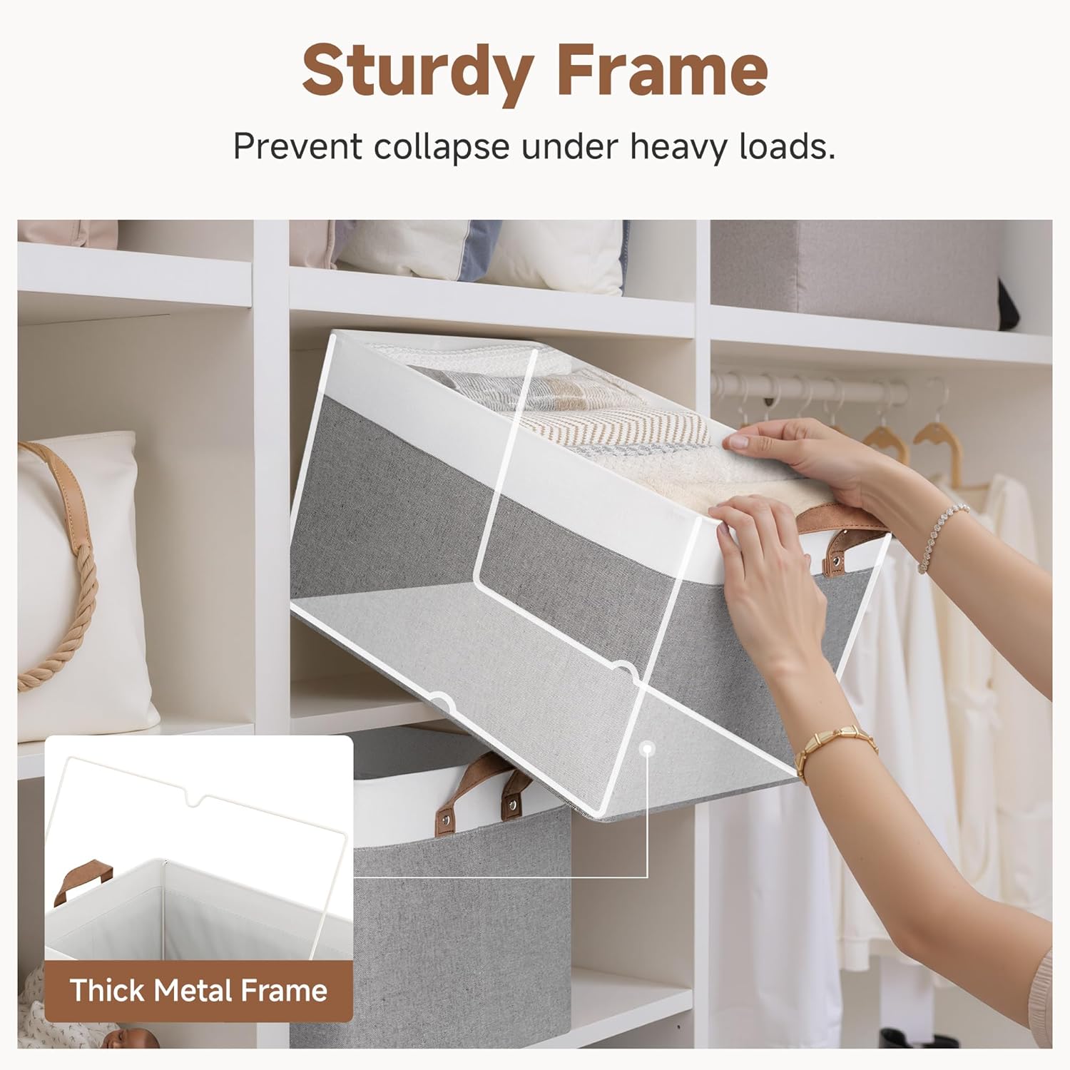 StorageWorks Storage Bins, Fabric Storage Bins for Shelves, Extra Large Storage Baskets with Metal Frame, Closet Baskets and Bins with Handles, Jumbo, Gray and White, 2-Pack