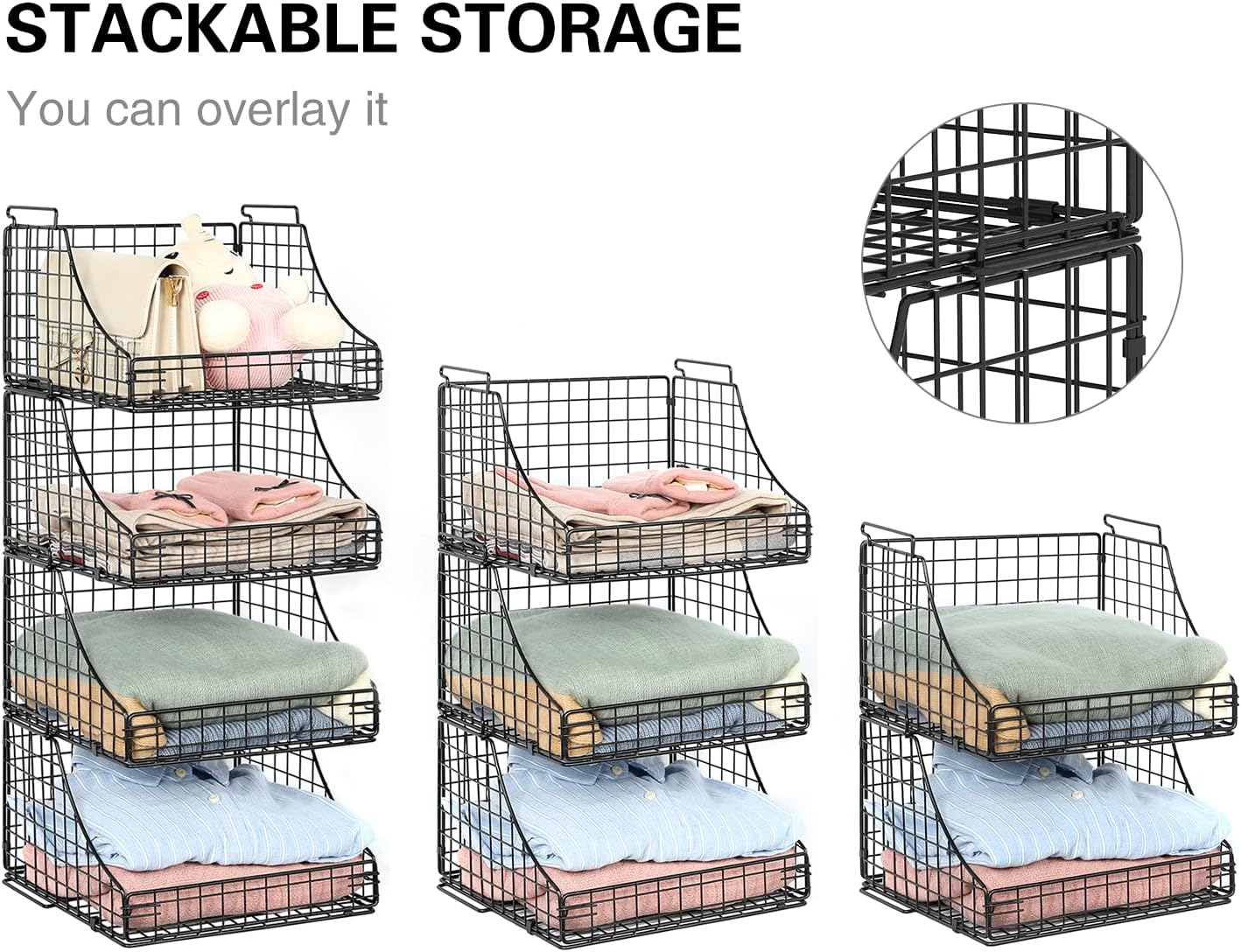 4-Pack Stackable Wire Baskets for Closet Organizers and Storage, Open Storage Bins for Clothes, Toys, and Snacks - Rustic Metal Closet Organizer and Shelves in Black