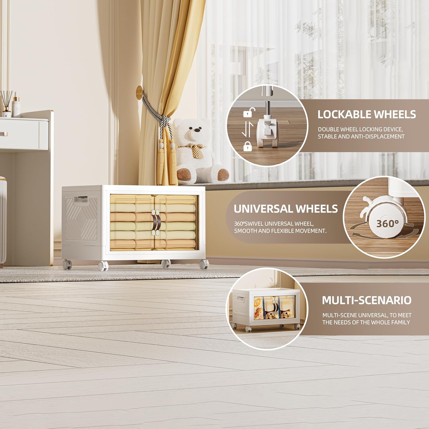 68 QT / 17 Gal Extra Wide Foldable Plastic Cabinet with Double Magnetic Doors & Leather Handles - Stackable, 4 Locking Wheels, Space Saving Storage for Small Spaces