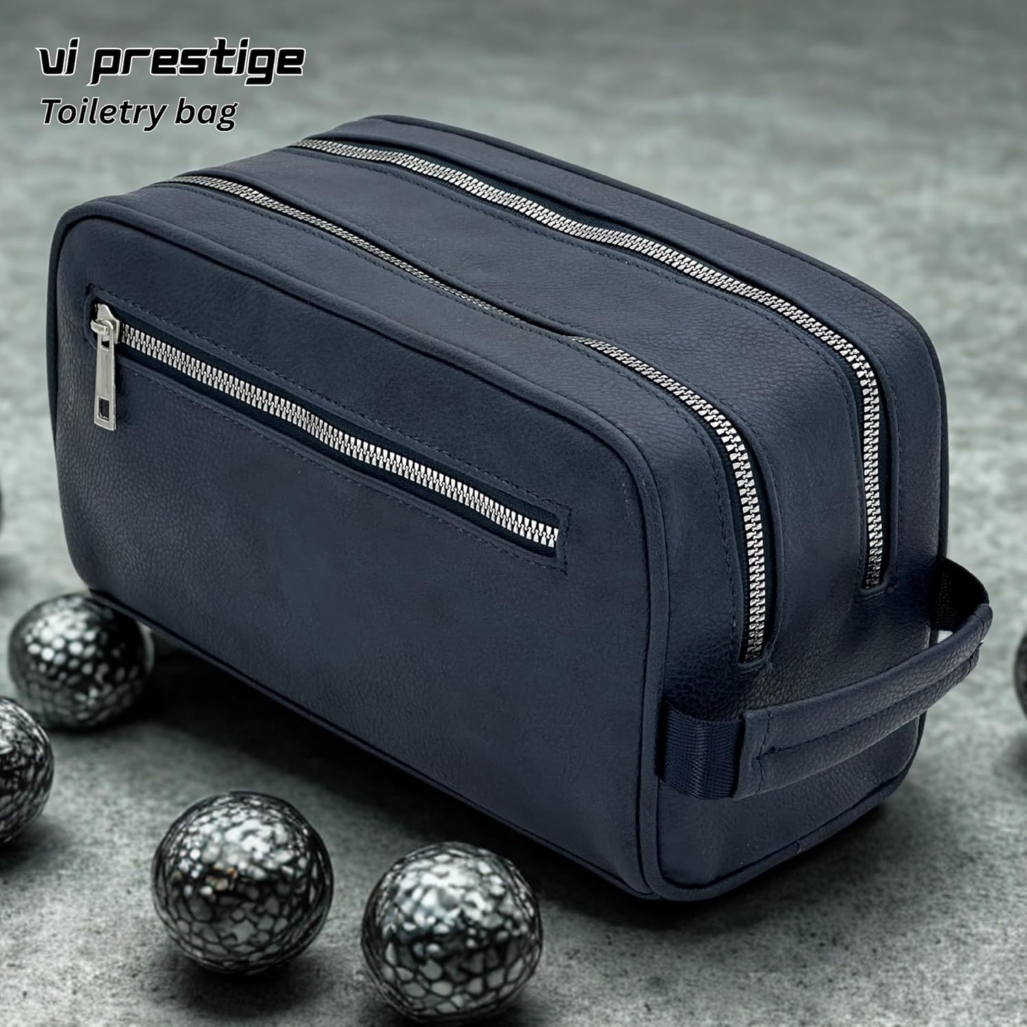 Dopp Gift Large Travel Toiletry Bag Premium Quality PU Leather Two compartments YKK Zippers Water-resistant Bottom Studs Mesh Pockets Durable Cosmetic Organizer NAVY BLUE