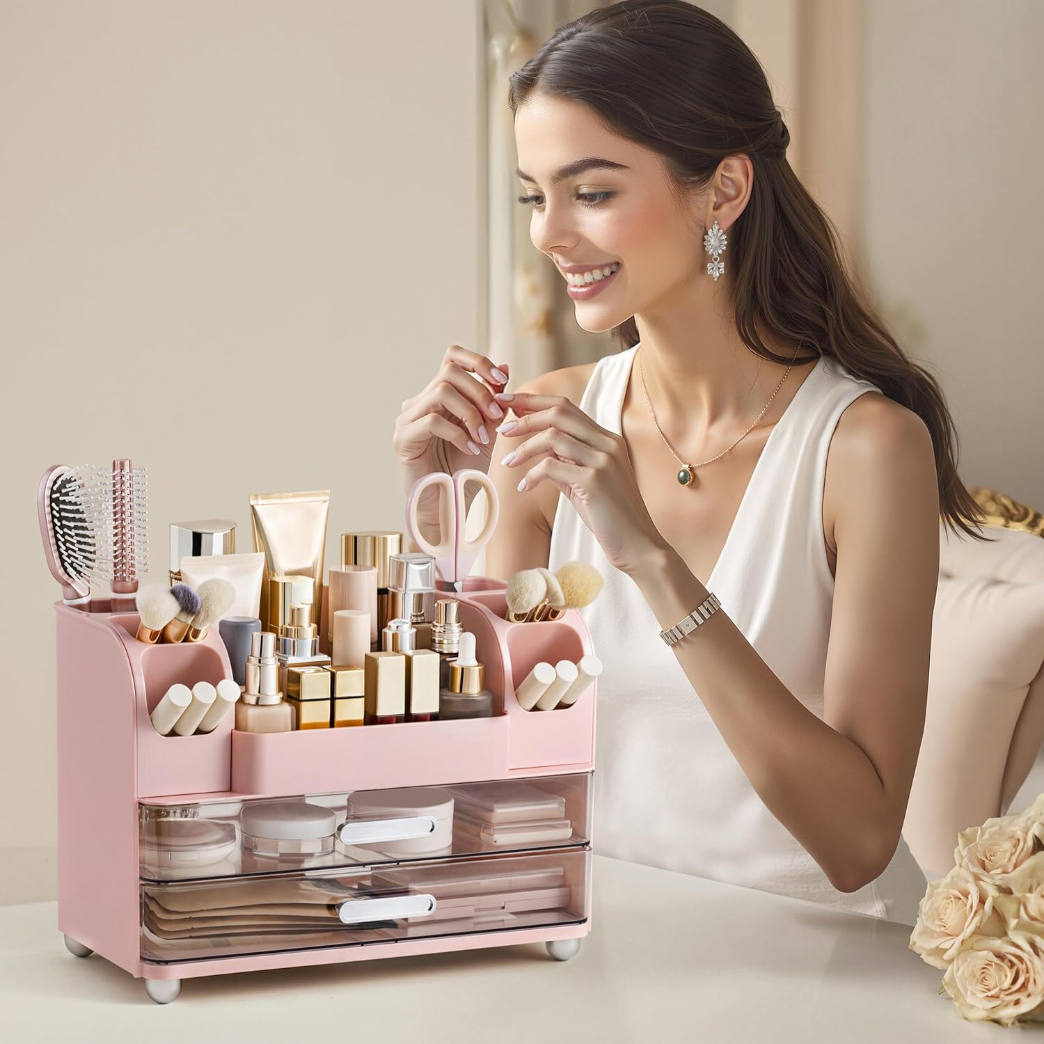 HBlife Makeup Organizer for Vanity with Brush Holder, Large Bathroom Countertop Cosmetic Organizer Skin Care Storage, Easy to Store Lipsticks, Nail Polishes, Perfumes, Eyeshadow Palettes, Pink