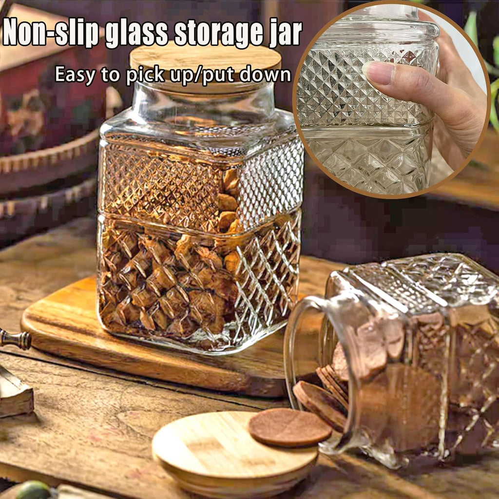 Viovian Decorative Glass Jar with Lid and Spoon 38 OZ Square Thick Glass Storage Jars Airtight Lids Clear Vintage Canister Container for Food Candy Cookie Sugar Coffee Tea Nuts Snack Dog Treat