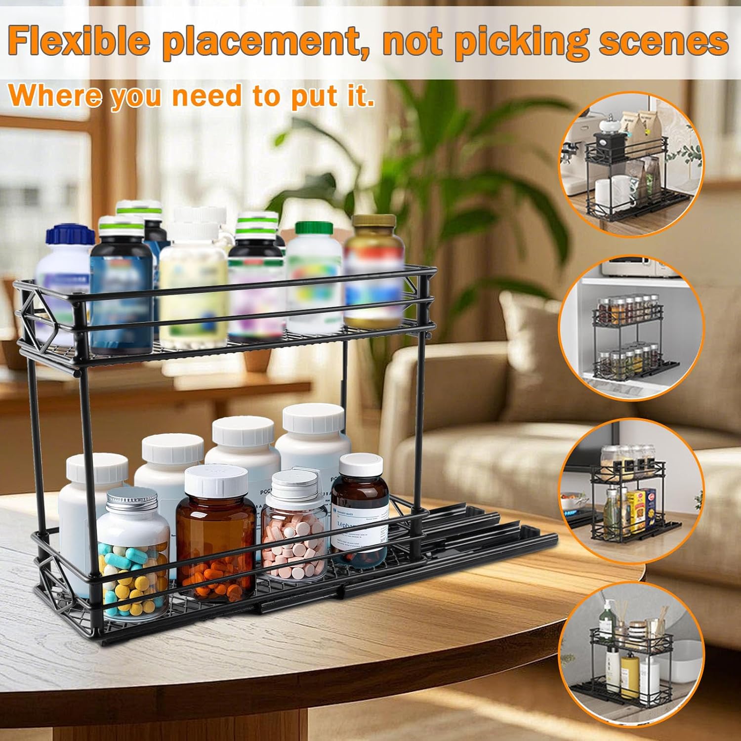 Pull Out Medicine Organizer,Slide Out Storage Drawers,Spice Rack Organizer for Cabinet,Pill Bottle Storage for Holding Vitamins,Supplements Cosmetics,10.43”L x 4.33”W x 7.87”H,2 Tier,Black