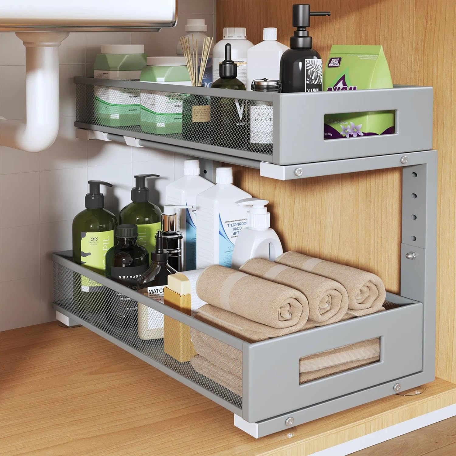 1 Pack 19IN Depth Under Sink Organizer, 2-Tier Pull Out Cabinet Organizer With Smooth Circular Rail, Large Capacity Metal Mesh Sliding Drawers For Bathroom& Kitchen Storage,Height Adjustable-Gun Gray