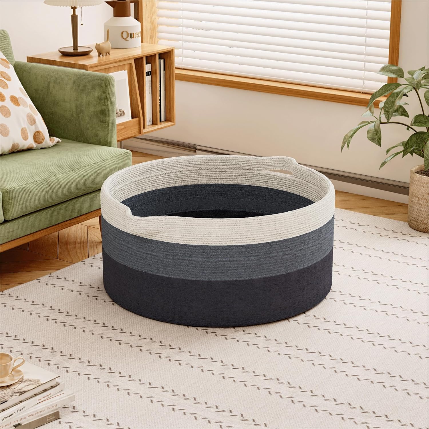 125L Extra Large Blanket Basket, 25" x 16", Jumbo Laundry Woven Cotton Rope Basket with Handles, Baby Toy Storage, Gradual Blue