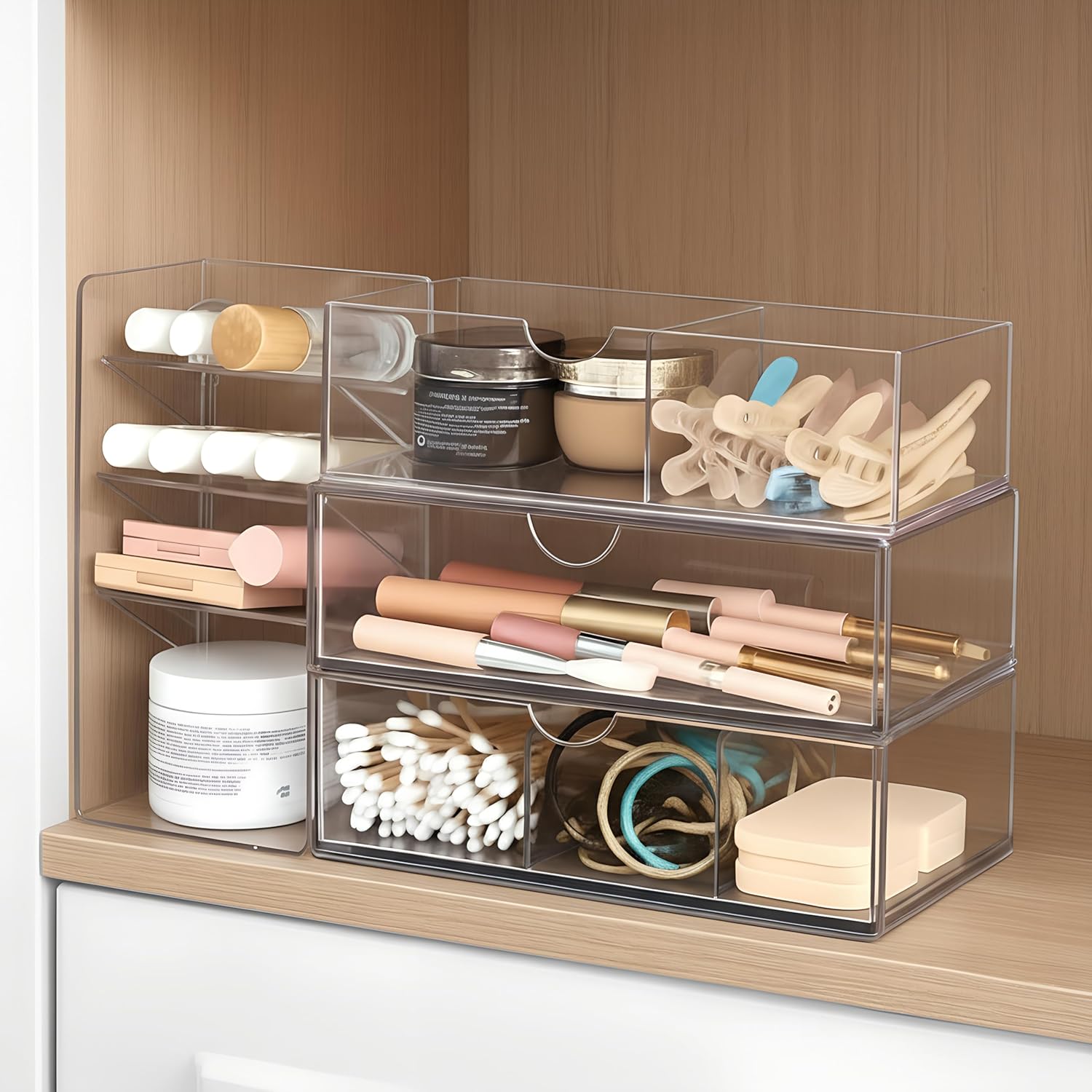 Kathfly 6 Pcs Medicine Cabinet Organizer Acrylic Stackable Clear Makeup Organizer with 2 Drawer 1 Storage Box 2 U Movable Partition and 1 Vertical Layered Storage Rack for Bathroom Cabinet Wall Vanity