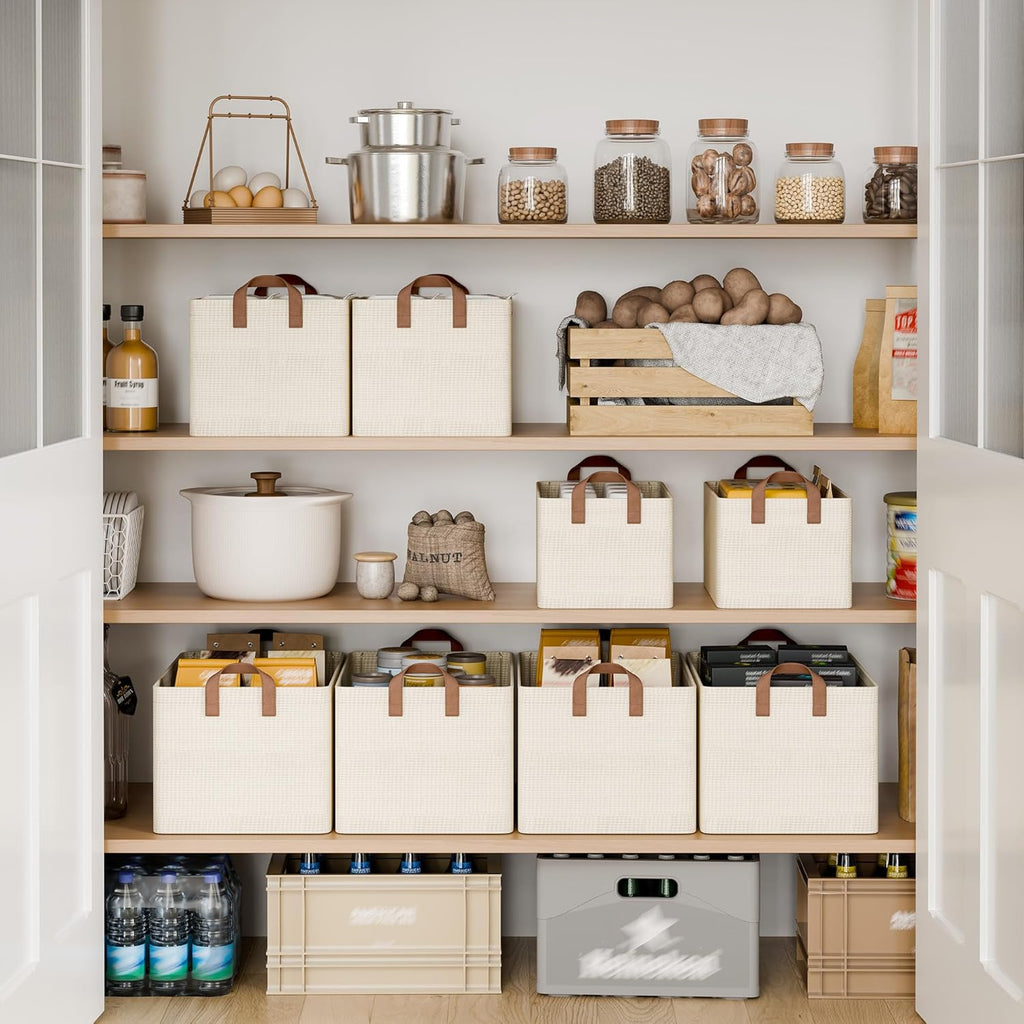 StorageWorks Storage Bins, Shelves Baskets for Organizing, Large Fabric Closet Organizers with Handles, Metal Frame, Beige（Texture）, 2-Pack