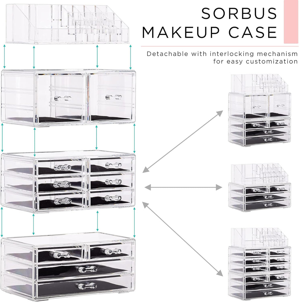 Sorbus Large Makeup Organizer - Clear Stackable Jewelry Makeup Organizer for Vanity, Bathroom Storage Display Case - 12 Drawers Cosmetic Beauty Organizers and Storage with Lipstick Makeup Brush Holder