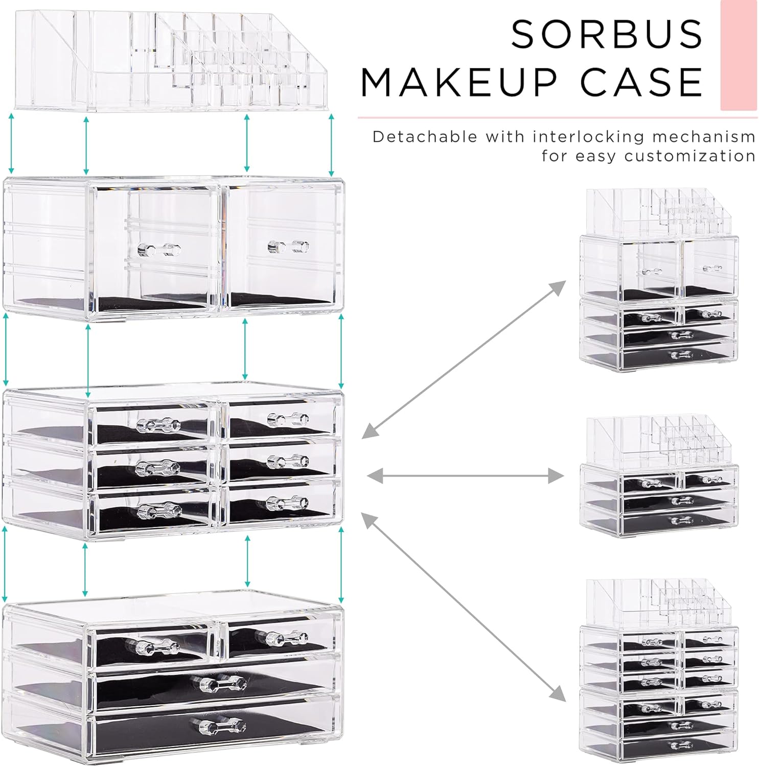 Sorbus Large Makeup Organizer - Clear Stackable Jewelry Makeup Organizer for Vanity, Bathroom Storage Display Case - 12 Drawers Cosmetic Beauty Organizers and Storage with Lipstick Makeup Brush Holder