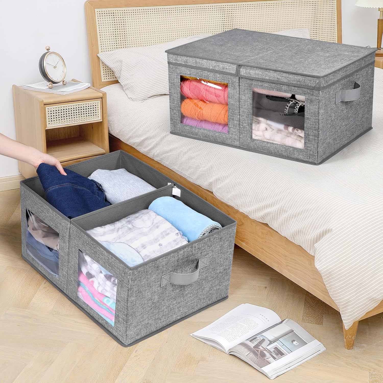 Univivi Large Foldable Fabric Storage Bins with lids [2-Pack] Collapsible Closet Storage Box for Clothes, Closet Organizer with Handles, Storage Cube Basket for Home, Bedroom (Grey, 24" x17" x 12")