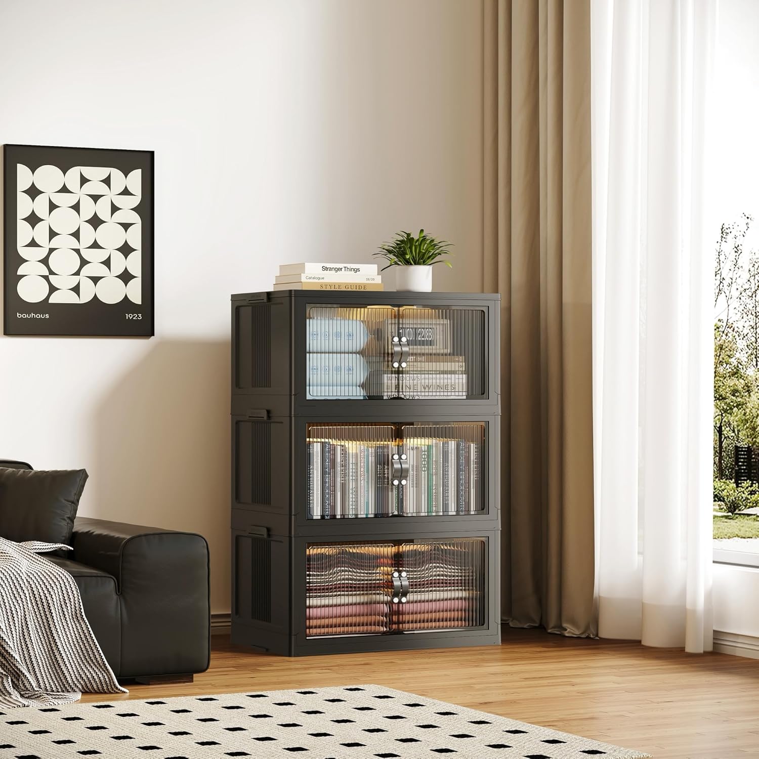 SAILUN 87Gal/348Qt Stackable Storage Bins Folding Collapsible Storage Bins with Lid, Closet Organizers and Storage, Black 26" W x 17" D x 43.7" H