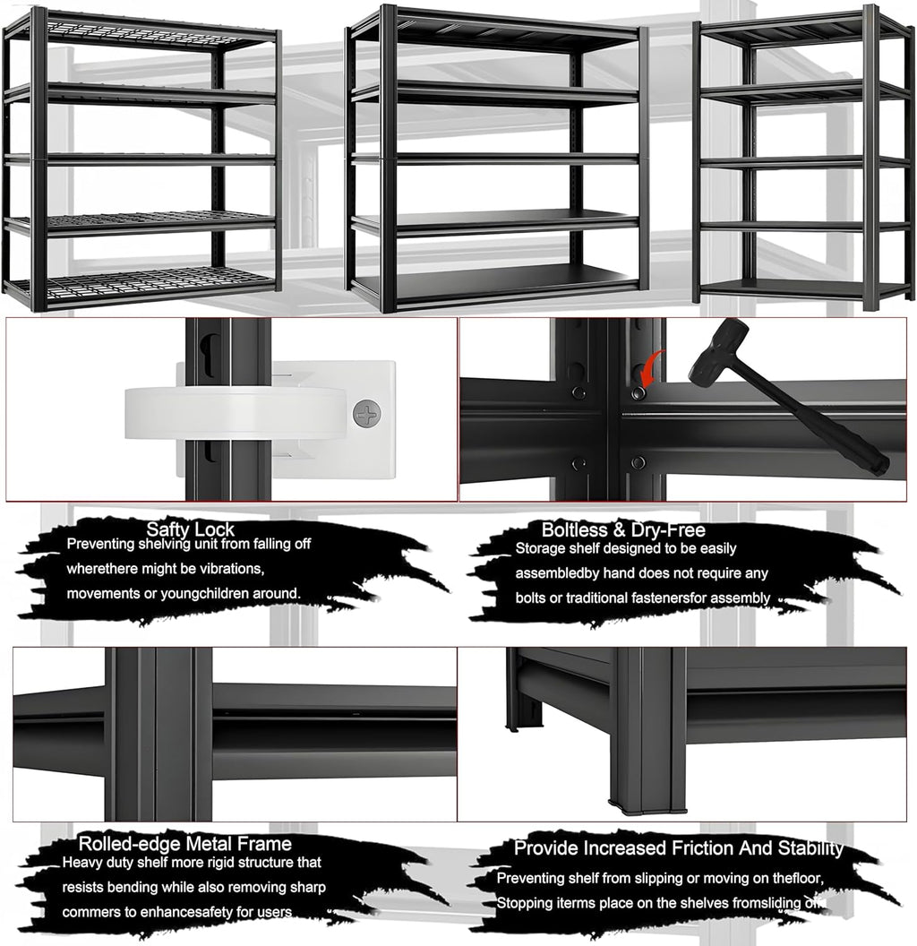 Industrial Storage Rack,Heavy-Duty Steel Shelving Unit,Multi-Purpose Garage Organization System Black 72" H x 62" W x 23.5" D 5-Tier