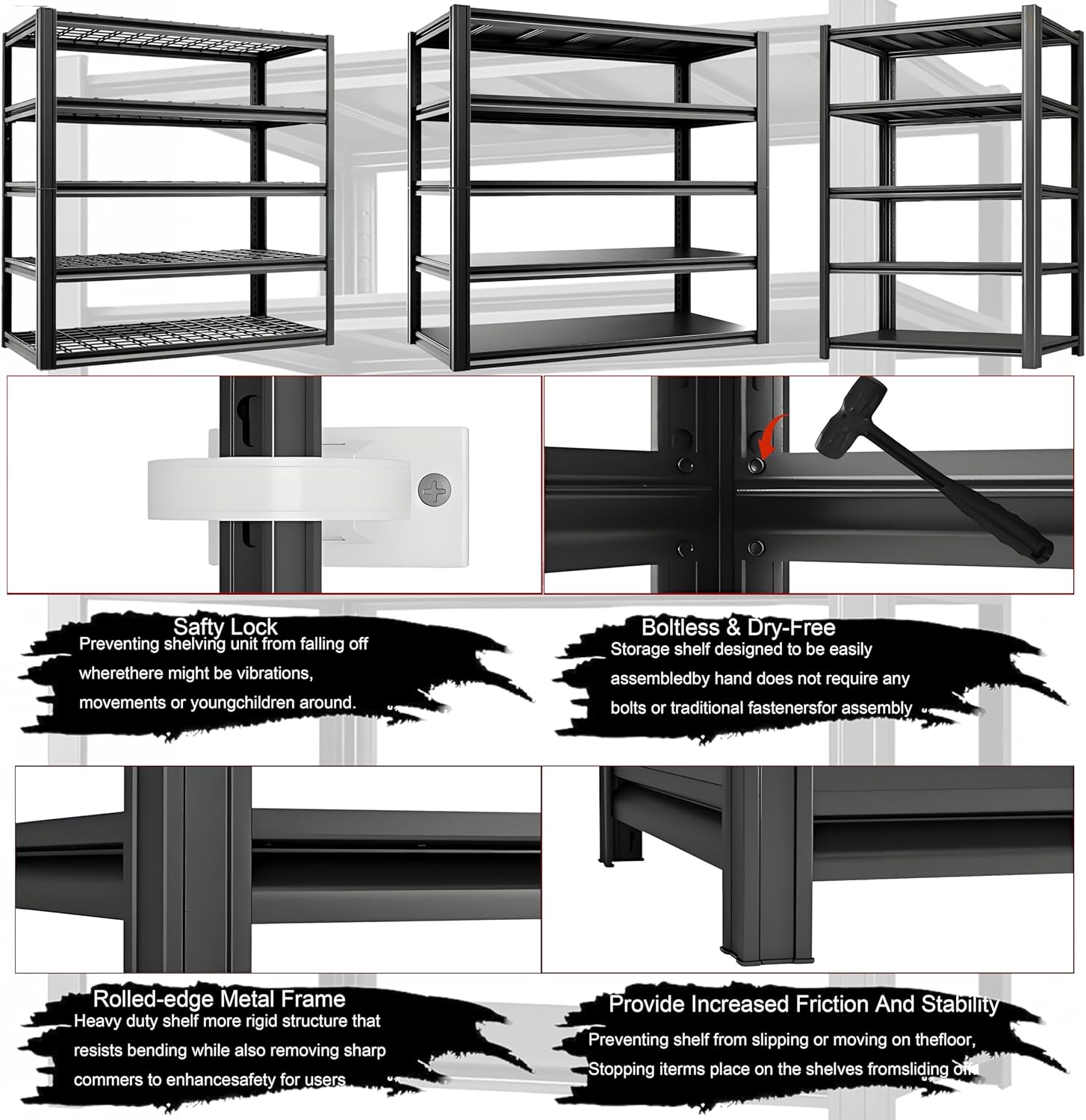 Industrial Storage Rack,Heavy-Duty Steel Shelving Unit,Multi-Purpose Garage Organization System Black 72" H x 62" W x 23.5" D 5-Tier