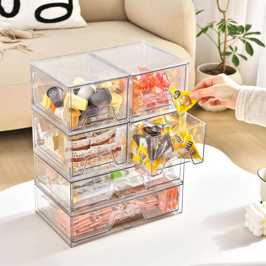 Stackable Makeup Organizer Storage Drawers Set of 6, Clear Plastic Organizer Bins for Beauty Supplies,Ideal for Vanity, Bathroom,Cabinet,Pantry Organization (2Long 4 Short)