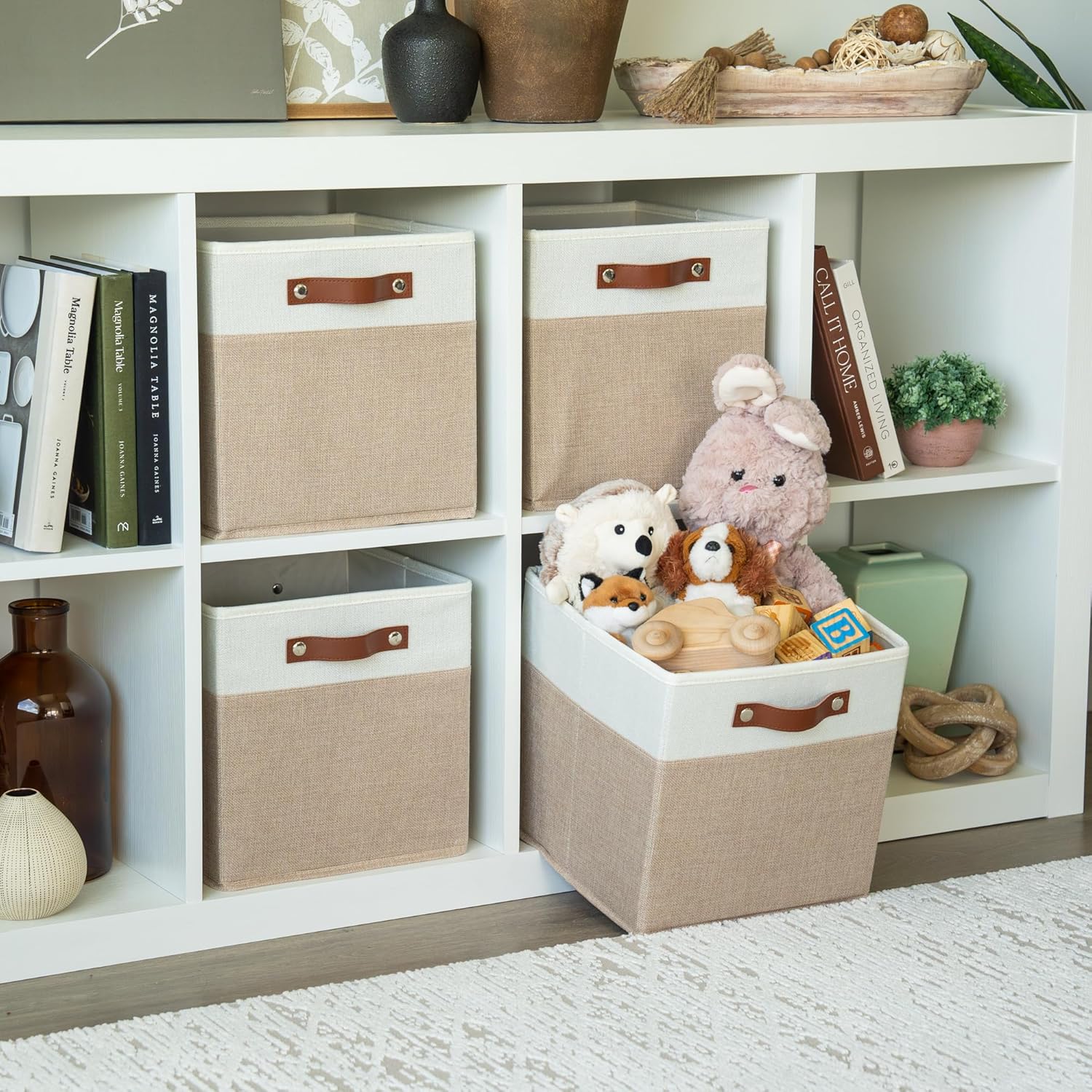 OrganiHaus 11" x 11" x 11" Fabric Cubes Storage Bins Set of 4, Foldable Collapsible Canvas Storage Bins for Organizer, Toy Organizer for Kallax, 11 Inch Linen Cube Shelf Baskets - Beige/White