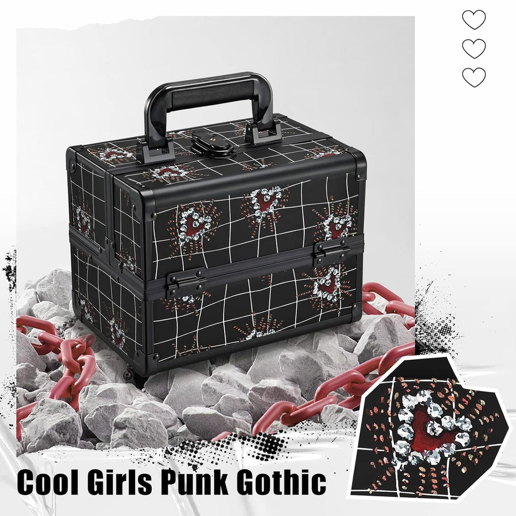 Joligrace Makeup Train Case Portable Makeup Case Organizer 2 Trays Cosmetic Box Storage with Mirror Lockable with Key for Cosmetics Nail Tech Traveling Makeup Travel Box Punk Love Hearts