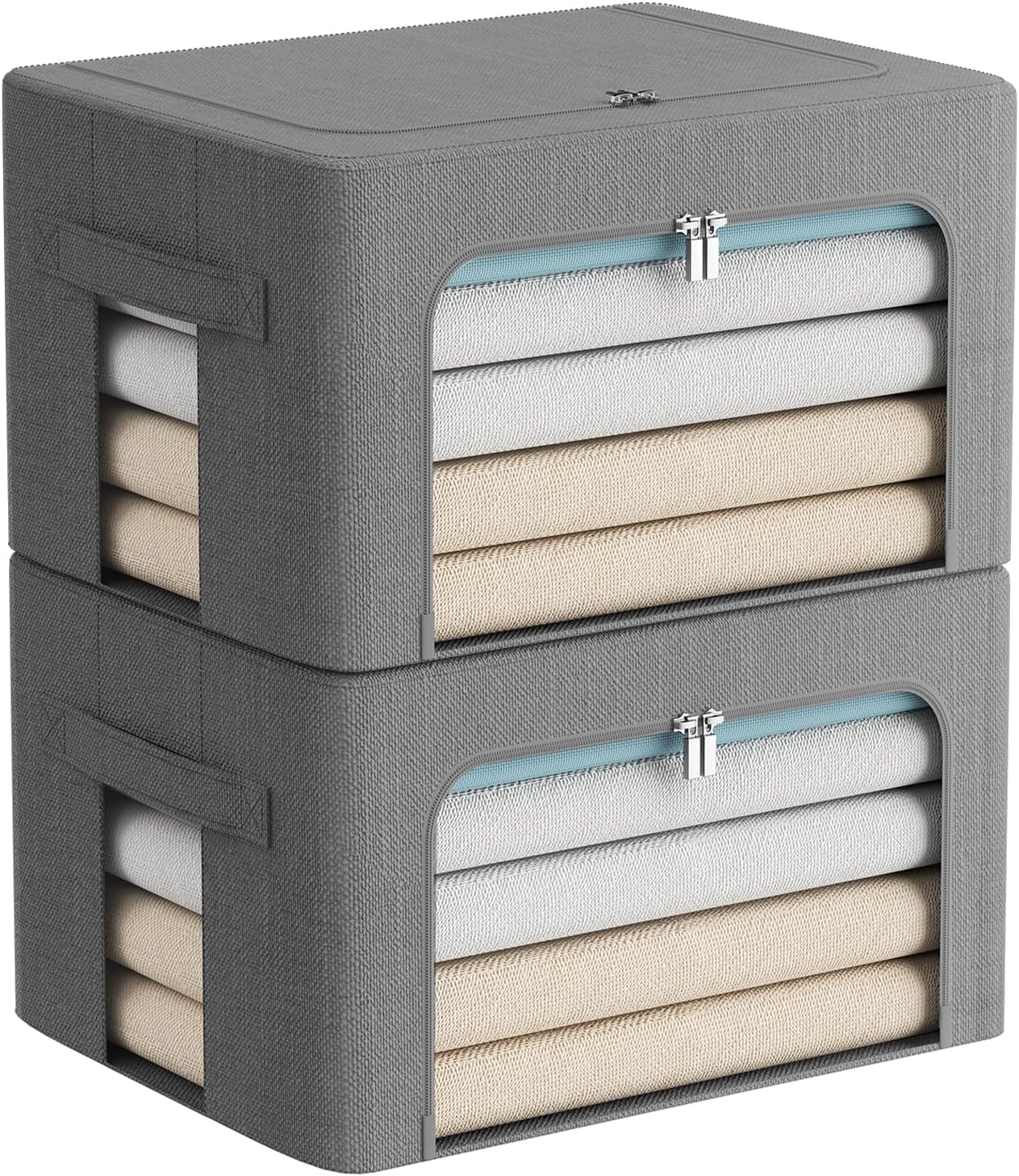 FHSQX 2 Pack Clear Window Storage Bins Foldable Fabric Storage Bins Boxes for Clothes Stackable Box Organizer Set with Carrying Handles (Gray,22L, 15.7x 11.8x 7.8 Inch)