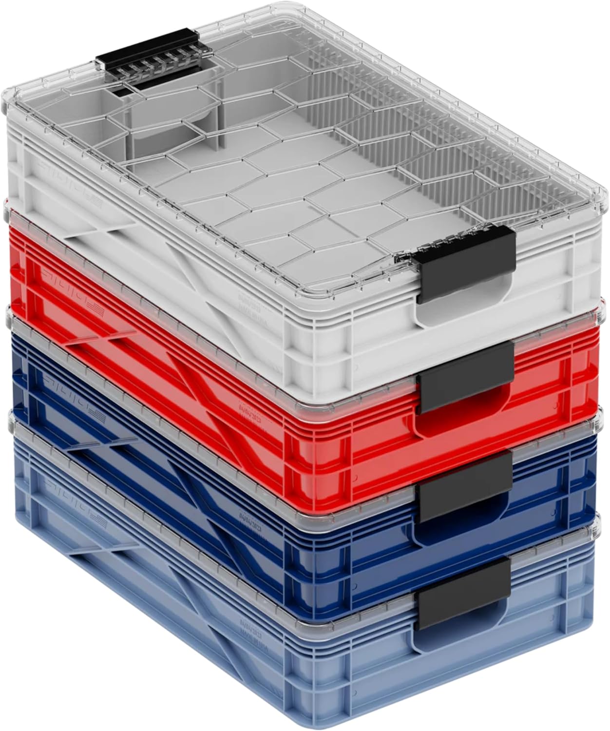 SIDIO Quarter Crate 4 Pack of Stackable Storage Bins - Organizer Bins with Dividers for Garage Organization, Home Storage - Heavy Duty Plastic Containers - 19.16” x 12.75”x 4.57” (Racing Pack)