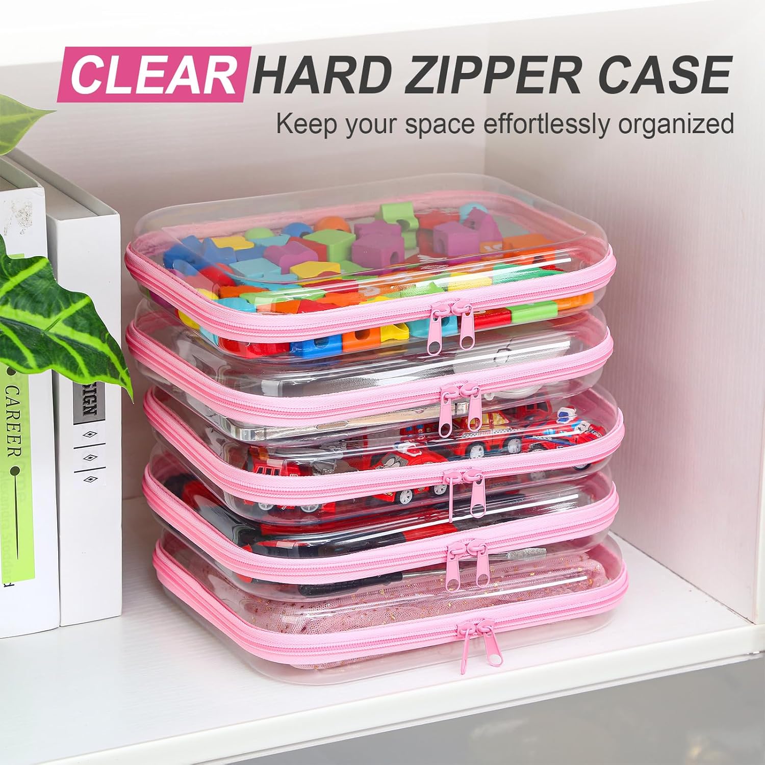 Sanwuta 6 Pcs Clear Hard Zipper Case Hard Plastic Zipper Pouches Transparent Makeup Bag Pencil Pouches for Travel Snacks Christmas Trinket Storage Organizer Box(Pink,9.84 x 7.87 x 2 Inch)