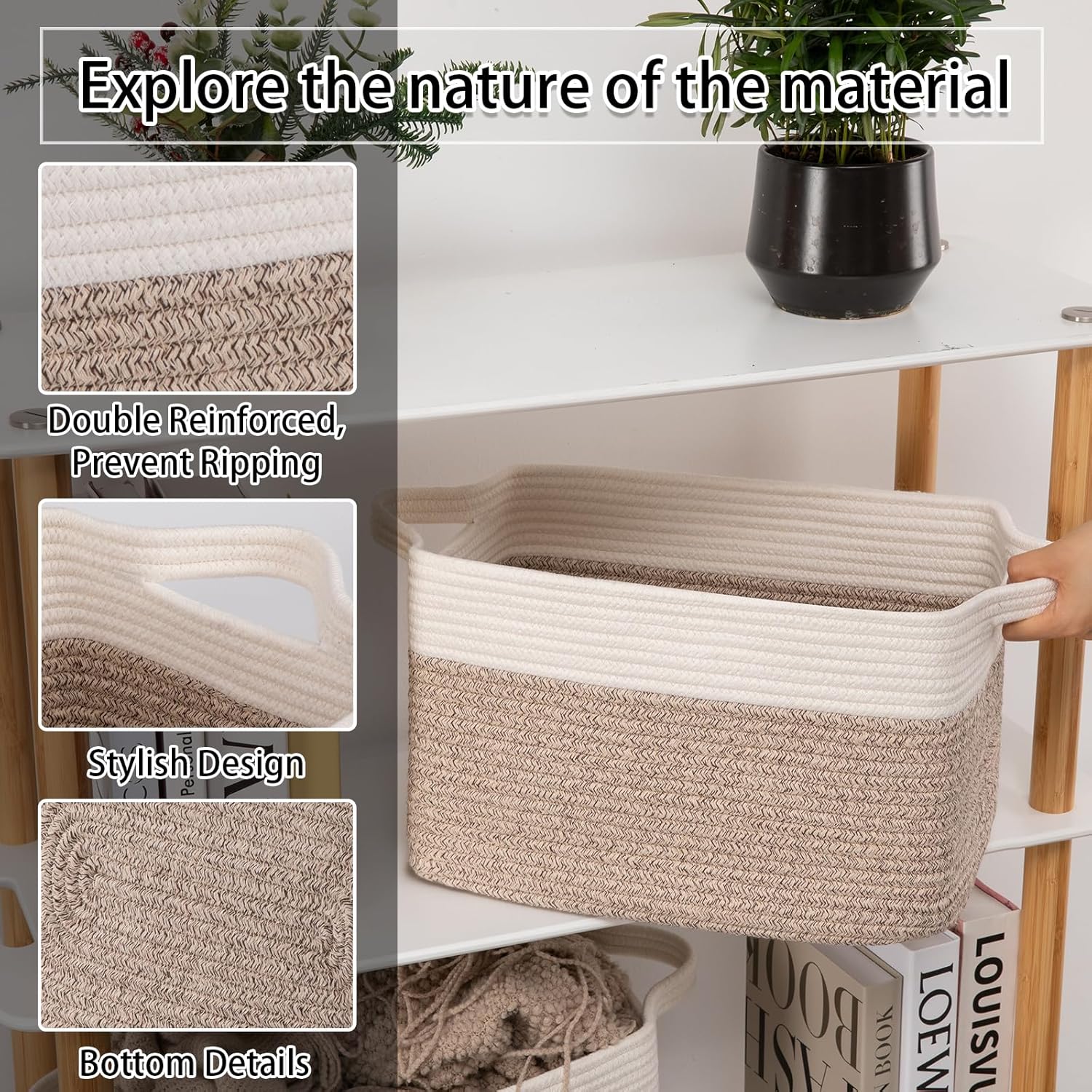 OIAHOMY 3 Pack Storage Baskets for Organizing, 13''X9.85''X8.7'' Storage Bins,Woven Basket with Handles, Toy Storage Bin,Stylish Room Decor Basket, white & Brown variegated