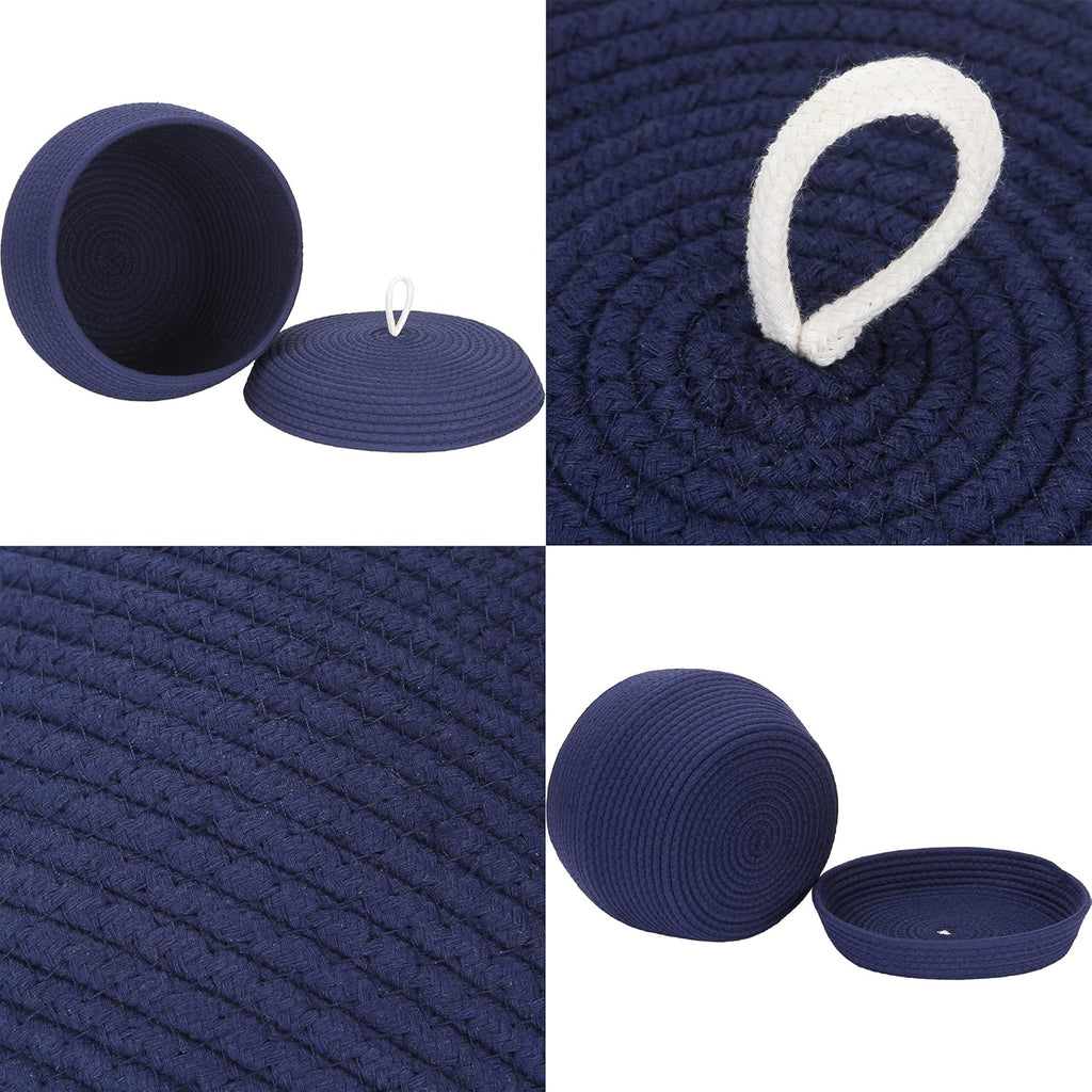 Sea Team Round Cotton Rope Storage Basket with Lid, Decorative Woven Storage Bin, Pot, Caddy, Organizer, Container for Snacks, Towels, Plants, 13 x 9 Inches (Large, Dark Blue)