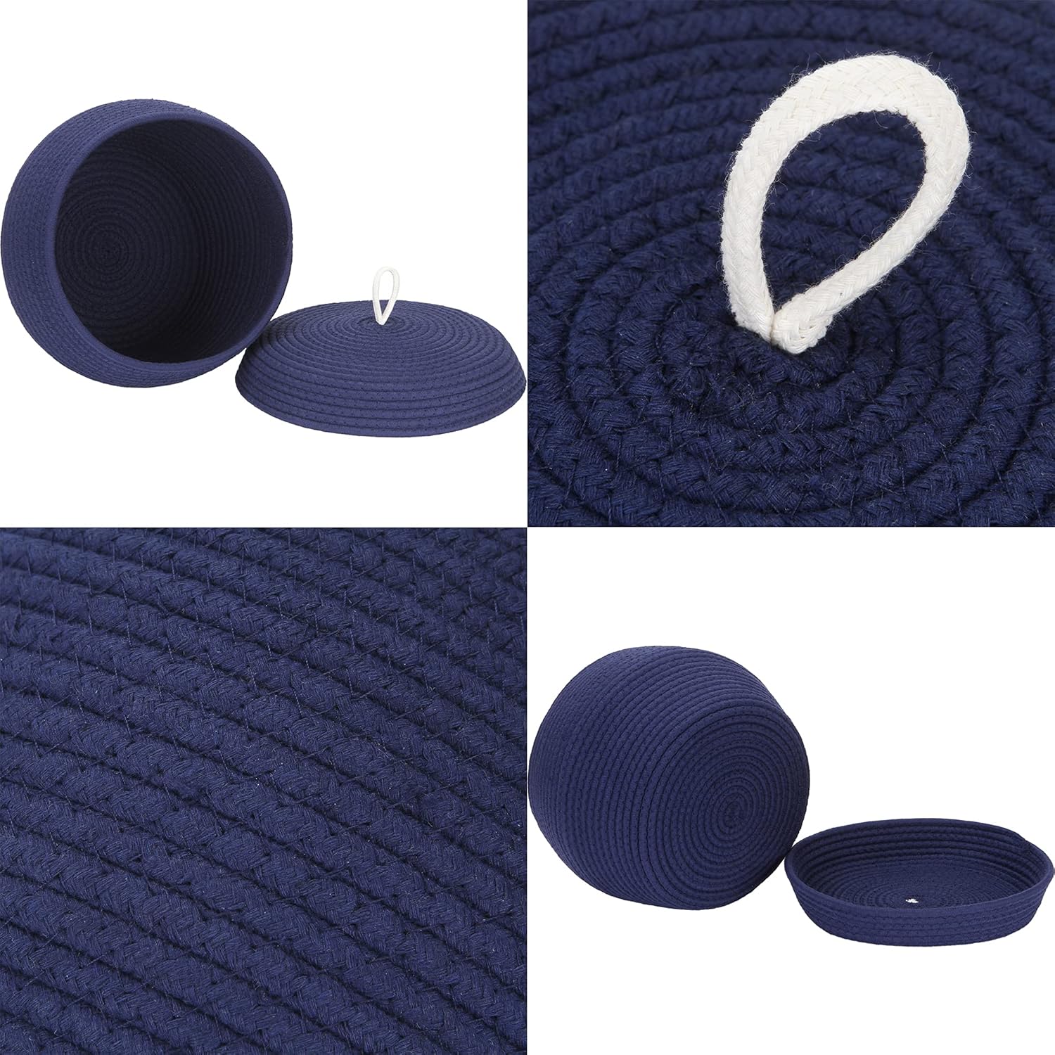 Sea Team Round Cotton Rope Storage Basket with Lid, Decorative Woven Storage Bin, Pot, Caddy, Organizer, Container for Snacks, Towels, Plants, 13 x 9 Inches (Large, Dark Blue)