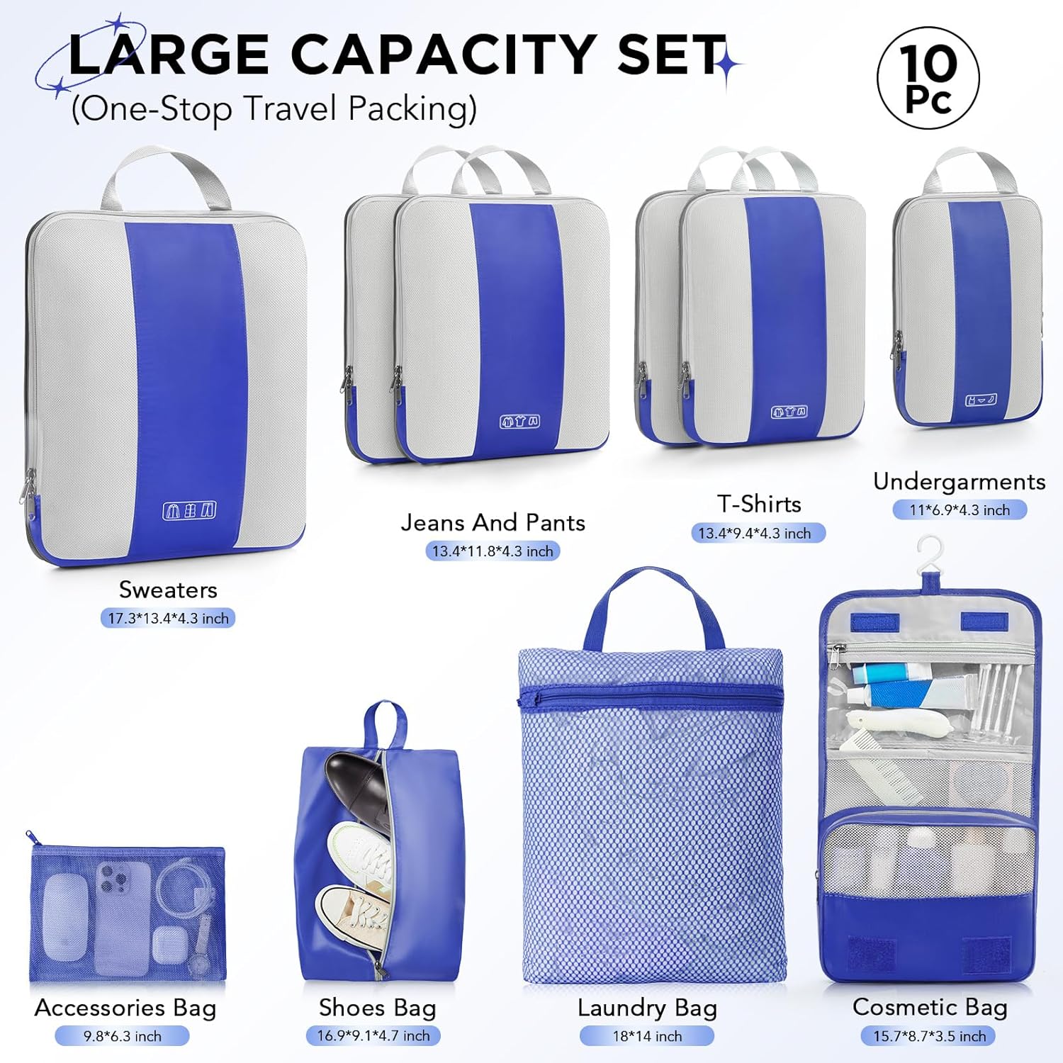 10 Set Compression Packing Cubes for Travel Essentials,Compressible Expandable Packing Cubes for Suitcase,OlarHike Luggage Organizer Bags for Travel,Handy Helper for Organizing Clothes(Klein Blue)