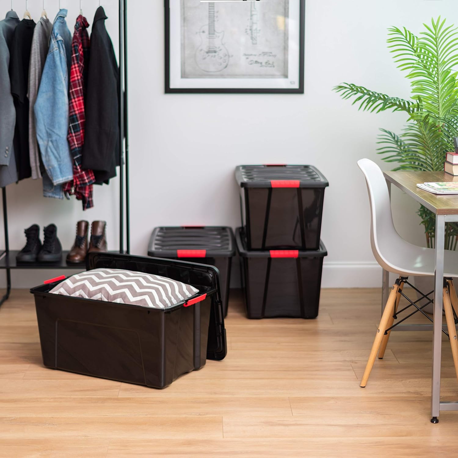 IRIS USA 72 QT Plastic Storage Box with Lid and Latches - 4 Pack - BPA-Free, Garage Organizing Solution, Durable Nestable Stackable Containers, Secure Pull Handle - Black