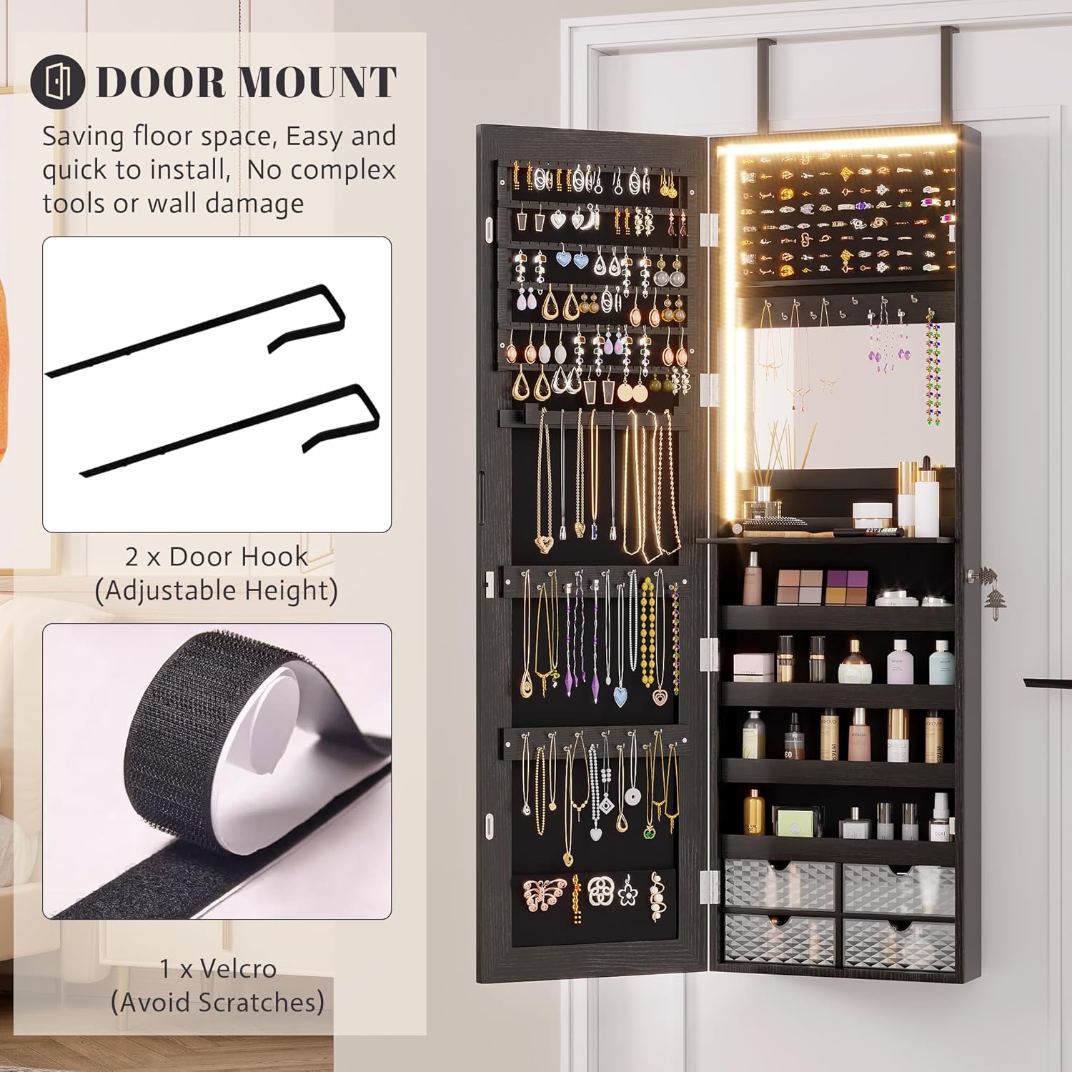 Vlsrka 47.2" LED Jewelry Armoire Organizer, Wall/Door Mounted with Full Length Mirror, Large Storage Hanging Cabinet, 4 Drawers, 5 Shelves, Built-in Lighted Mirror (Wood Black)