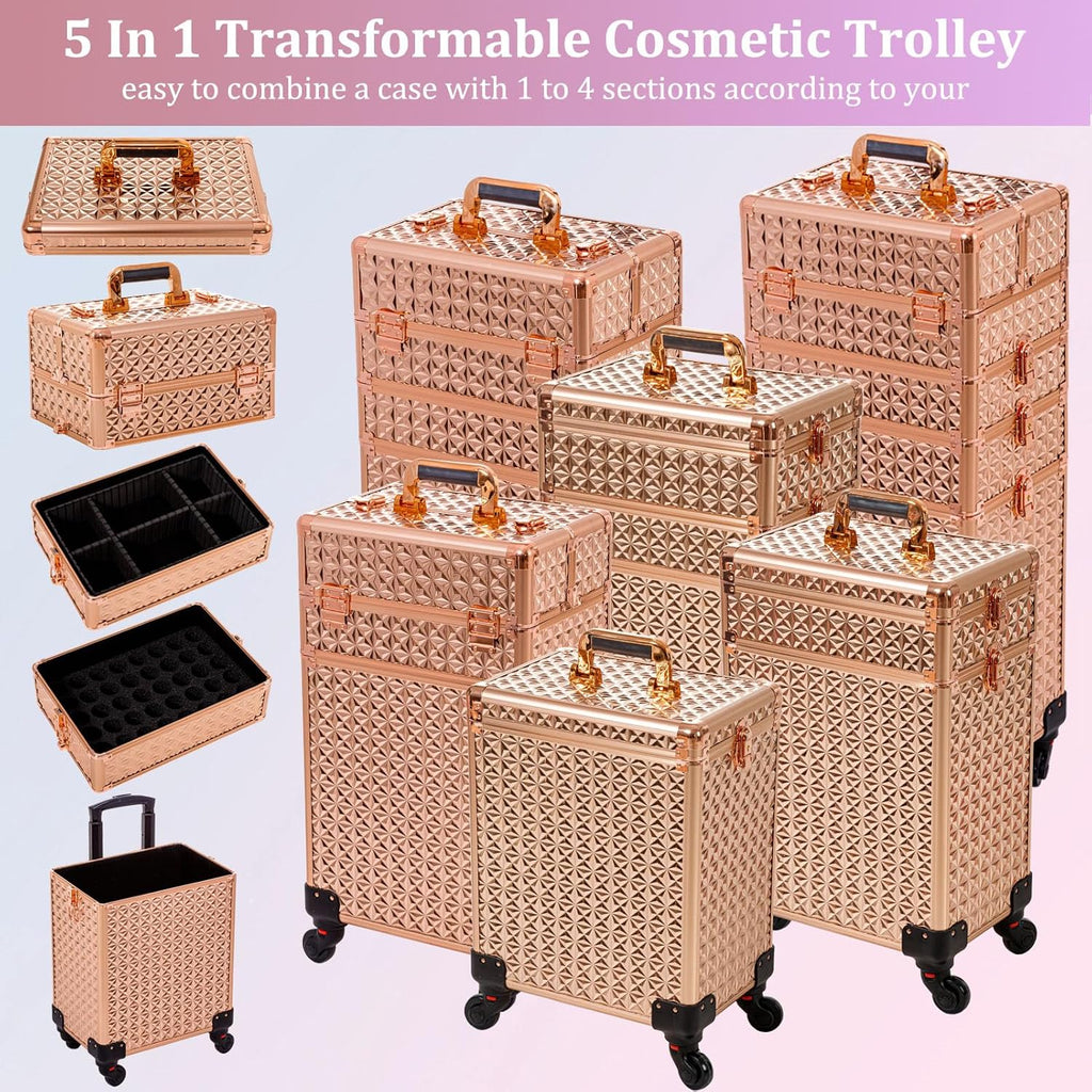 AROUS 5 in 1 Rolling Makeup Train Case Cosmetology Case on Wheels Large Cosmetic Organizer Travel Cart for Hairstylist Artist Nail Beauty Salon Barber,Gold