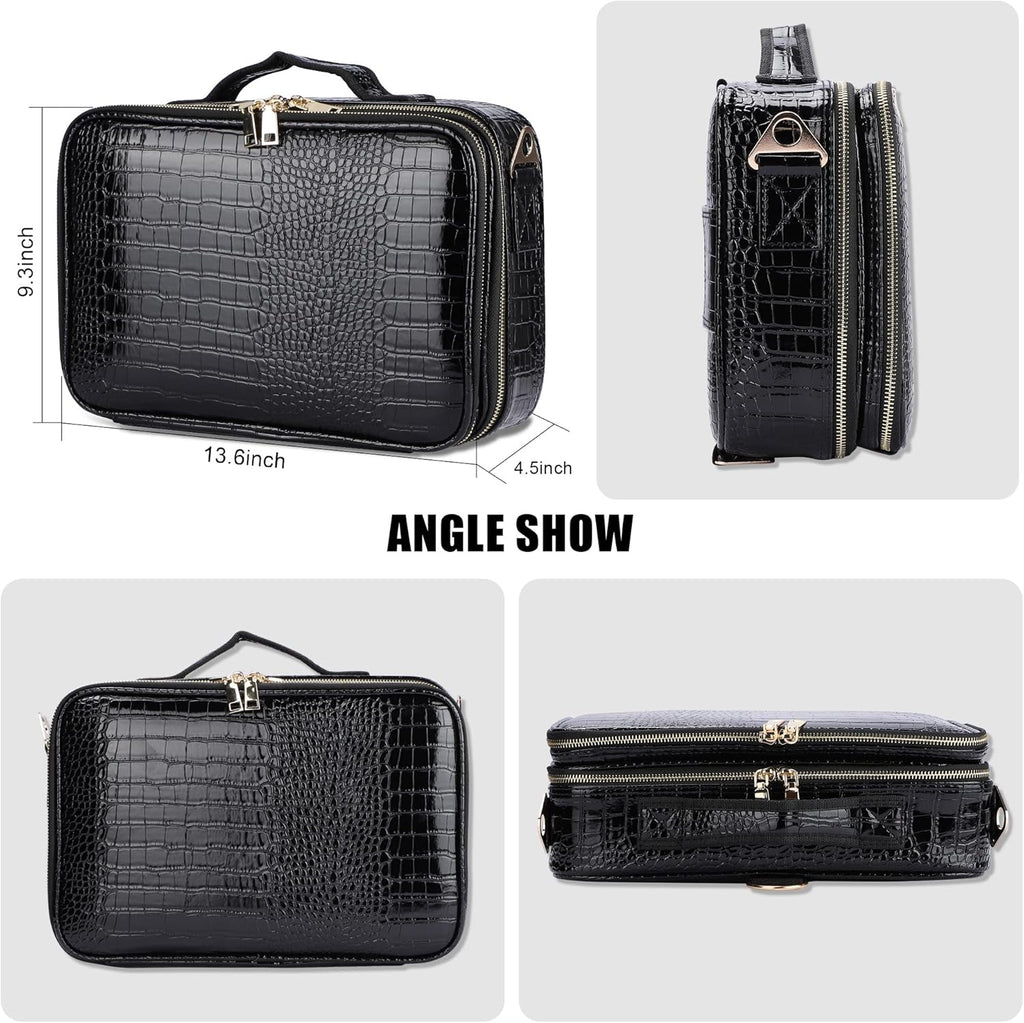 JOURMON Travel Makeup Train Case,Large Capacity Cosmetic Bags for Women,Portable Makeup Bag Organizer with Adjustable Dividers & Shoulder Strap (Crocodile Pattern Black,Medium)