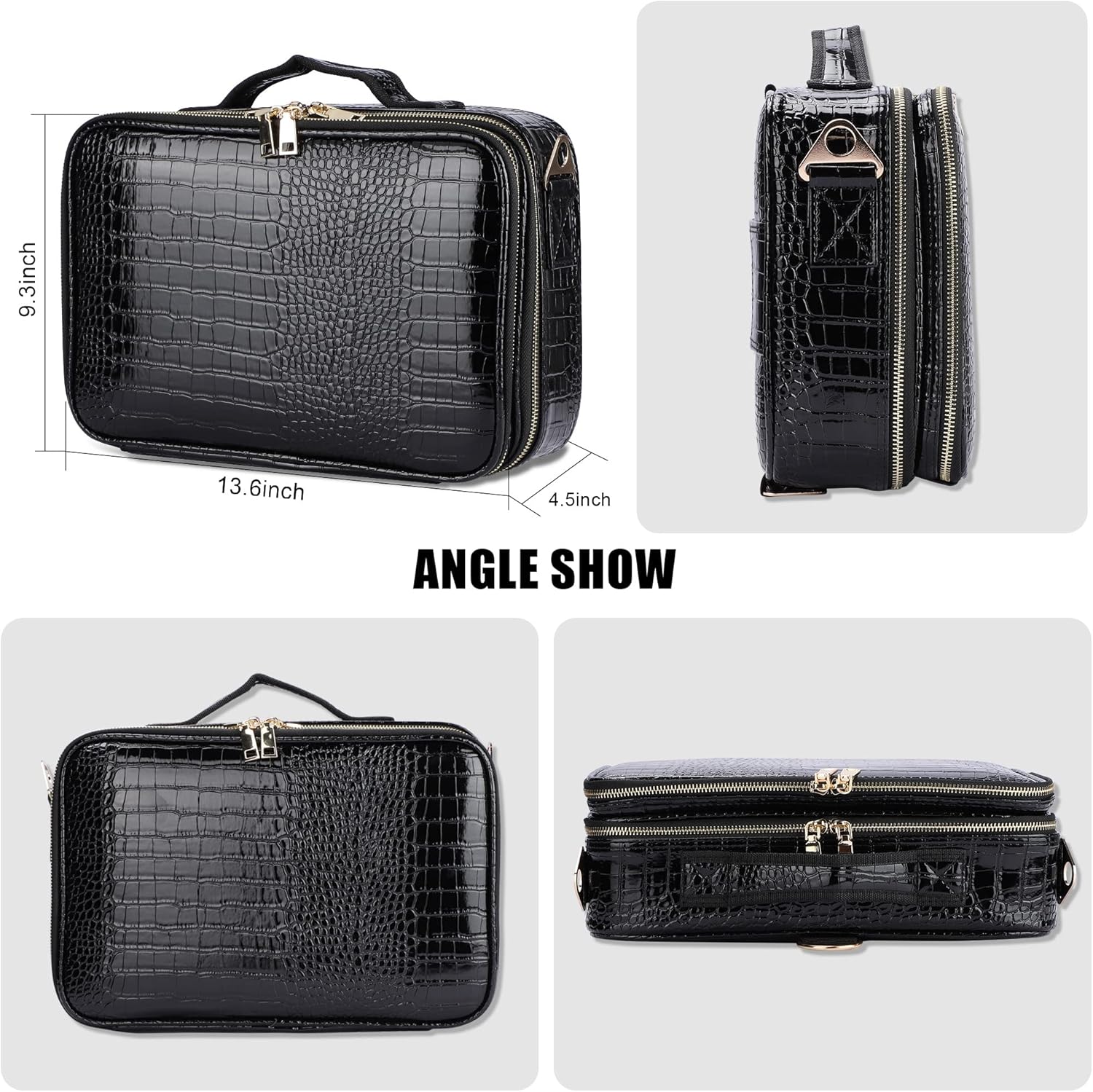 JOURMON Travel Makeup Train Case,Large Capacity Cosmetic Bags for Women,Portable Makeup Bag Organizer with Adjustable Dividers & Shoulder Strap (Crocodile Pattern Black,Medium)