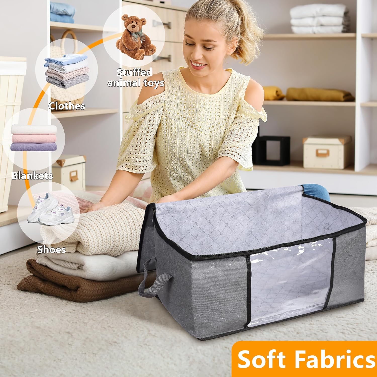 10 Pack Clothes Storage Bags with Zipper, 45L Foldable Blanket Storage Box with Clear Window Sturdy Handles for Closet, Dorm, Pillows, Bedding, Sheet, Comforter, Gray