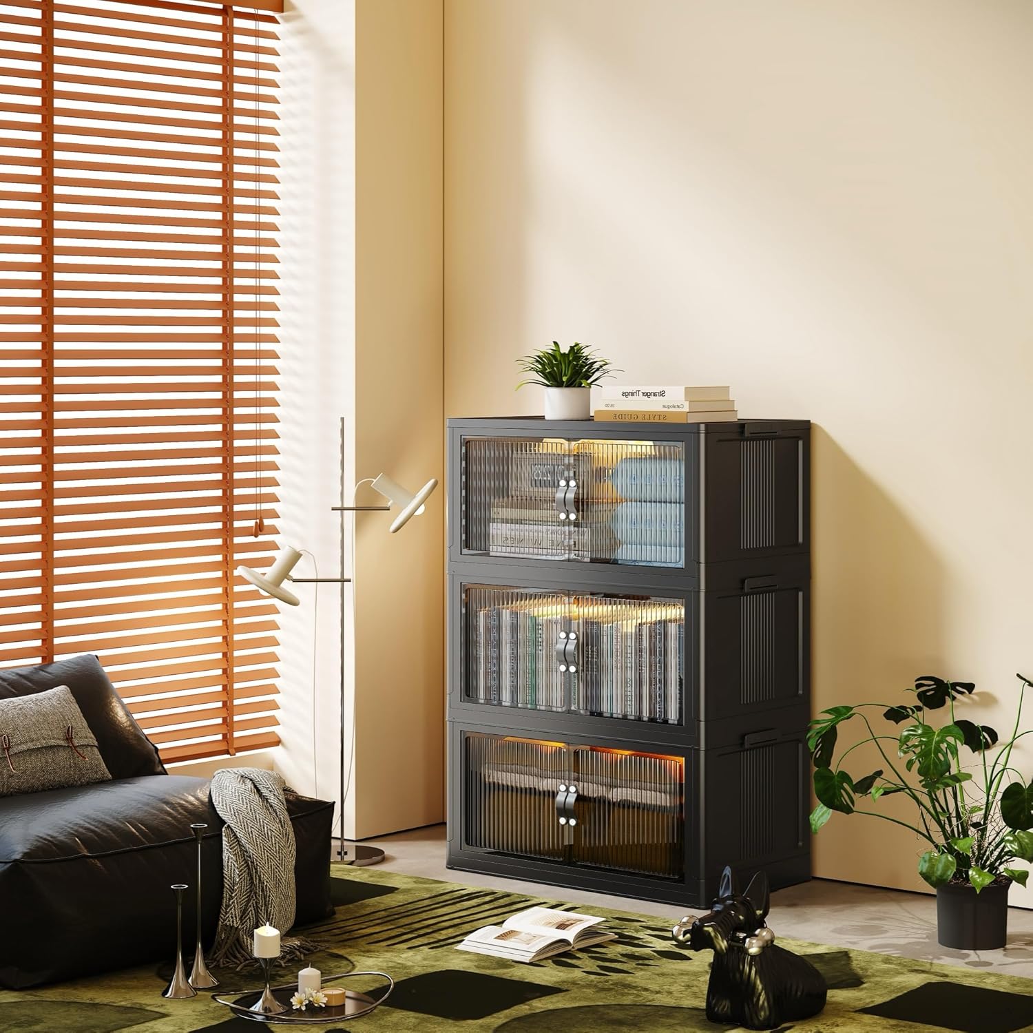 SAILUN 87Gal/348Qt Stackable Storage Bins Folding Collapsible Storage Bins with Lid, Closet Organizers and Storage, Black 26" W x 17" D x 43.7" H