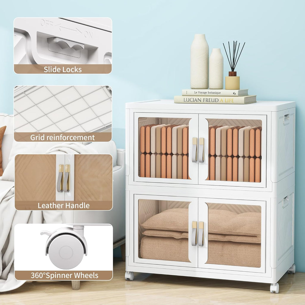 Large Clear Stackable Storage Bins with 2 Lids, Foldable Storage Cabinet for Closet Organizers and Storage, Plastic Storage Box with Wheels 942 QT