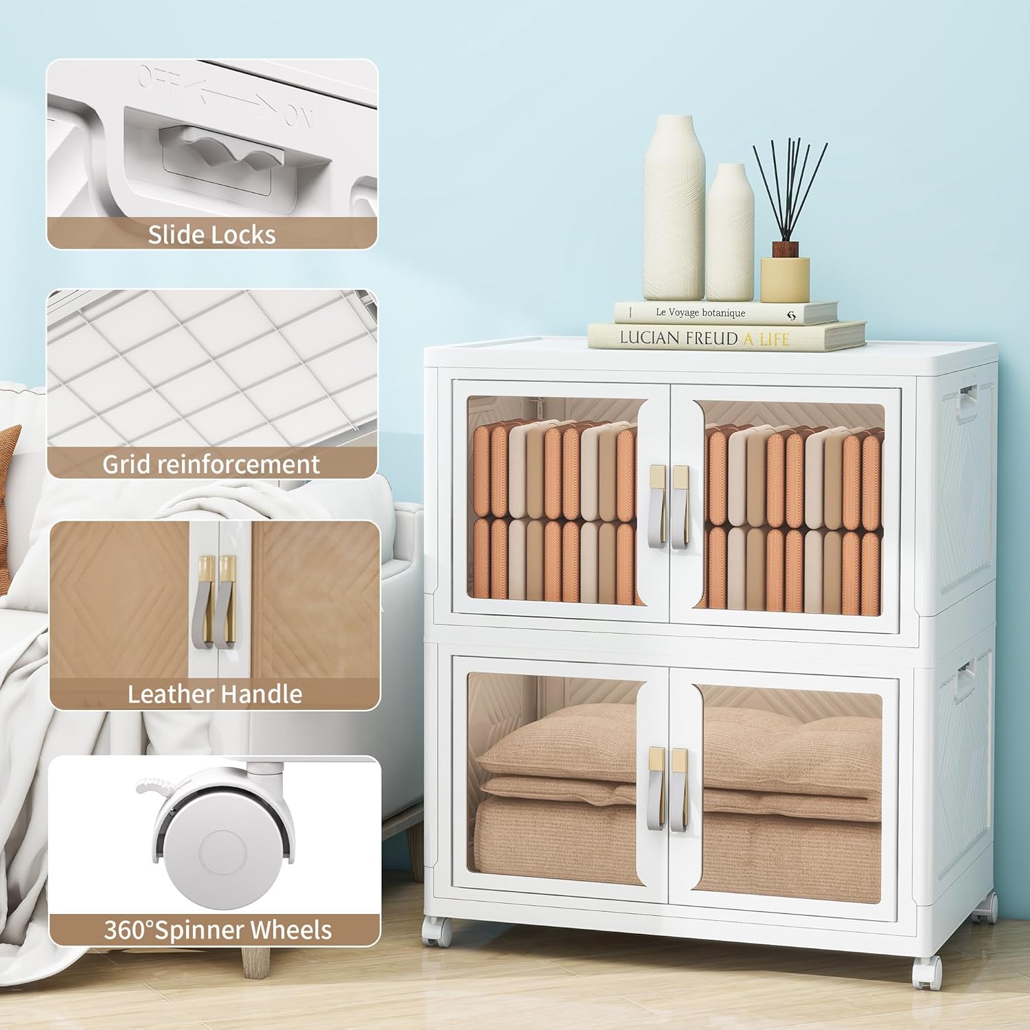 Large Clear Stackable Storage Bins with 2 Lids, Foldable Storage Cabinet for Closet Organizers and Storage, Plastic Storage Box with Wheels 942 QT