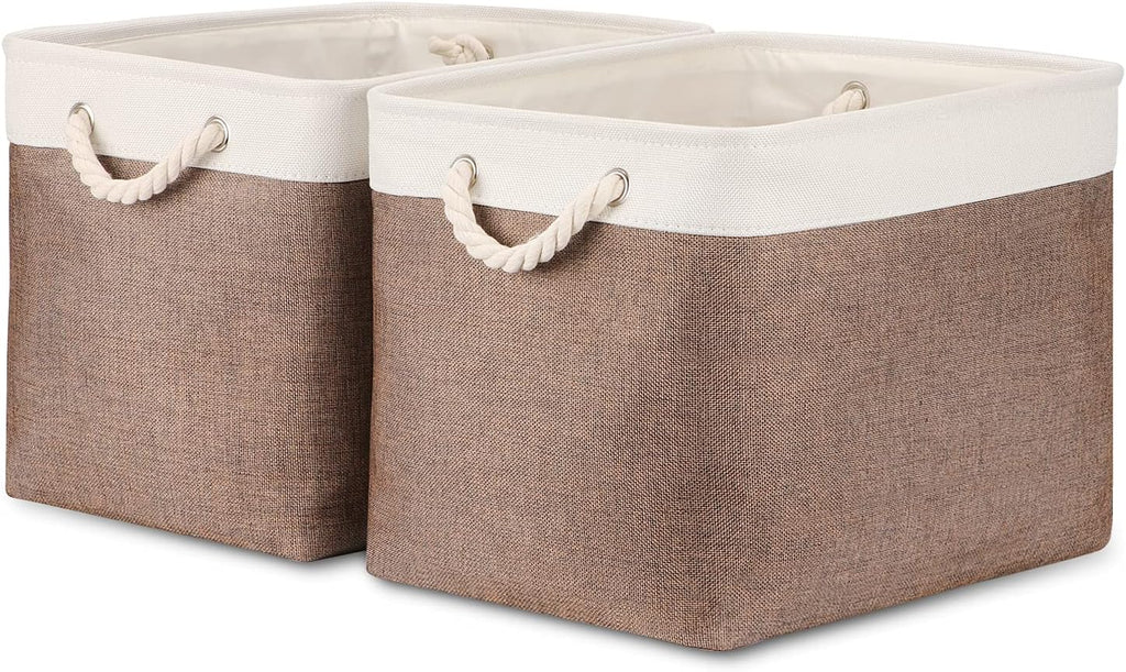 Bidtakay Large Storage Baskets with Handles for Organizing 16" x 11.8" x 11.8" Rustic Shelf Baskets [2-Pack] Foldable Clothes Baskets Fabric Collapsible Bins for Closet (White&Earthy Brown)