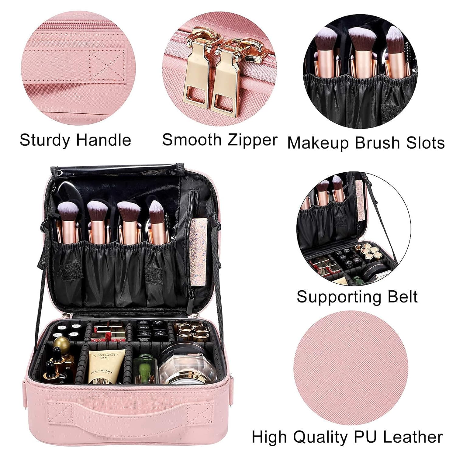 gzcz Travel Makeup Bag,Professional Cosmetic Bags for Women,Portable Makeup Brush Bag Organizer Storage with Adjustable Dividers and Shoulder Strap
