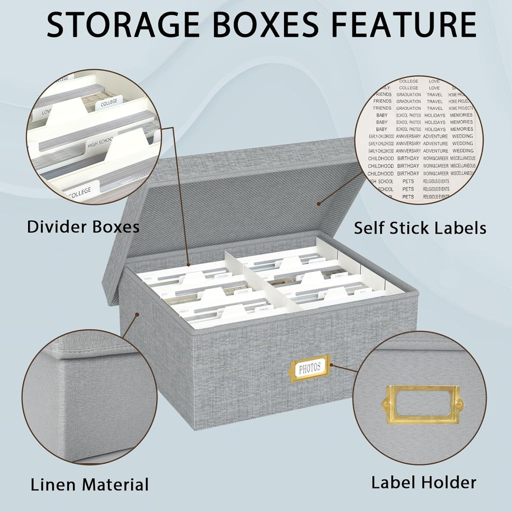 Decorative Photo Storage Box - Linen Photo Box Organizer with Dividers, Fits Holds Up to 1700 Pictures and 4x6 Photos, Memory Keepsake Organizer for Photos, Scrapbook Supplies, Cards, Stamps (Grey)
