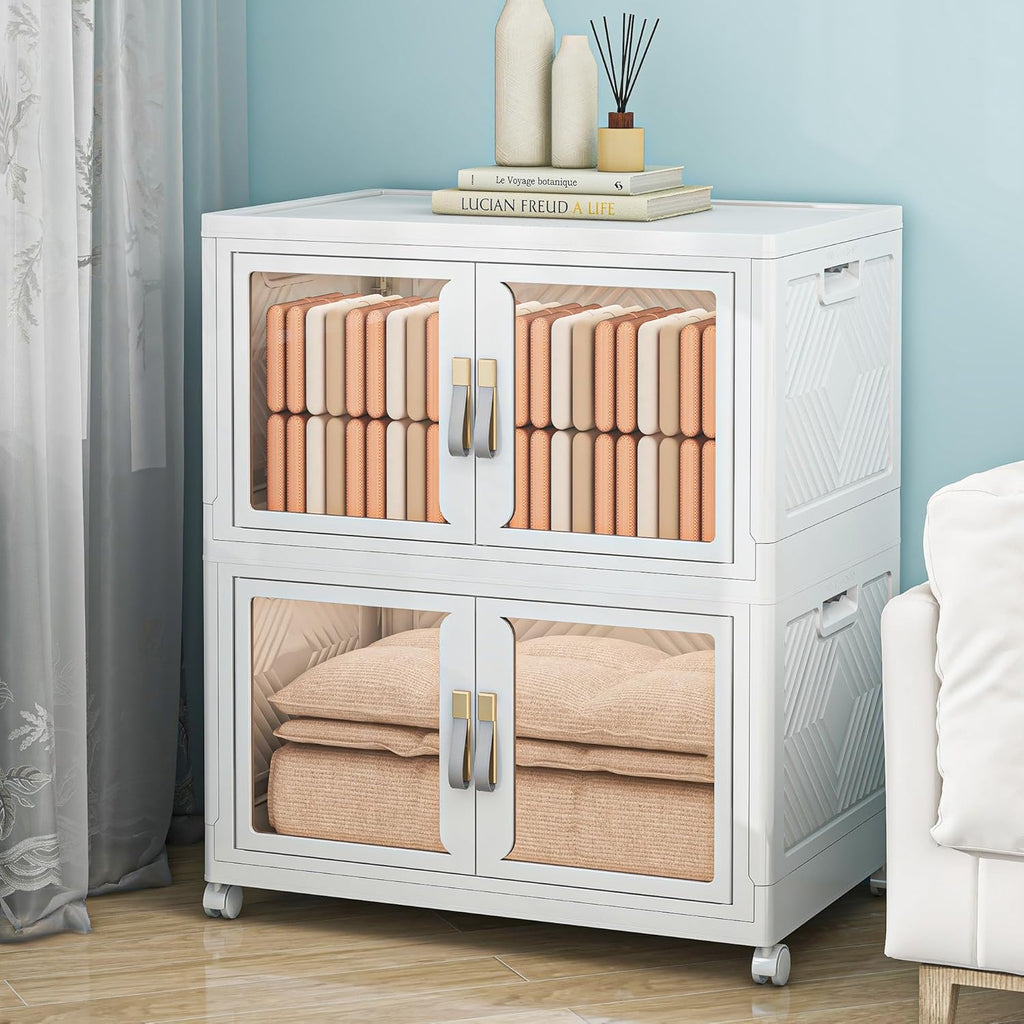 Large Clear Stackable Storage Bins with Lids, Foldable Storage Cabinet for Closet Organizers and Storage, Plastic Storage Box with Wheels 314 QT