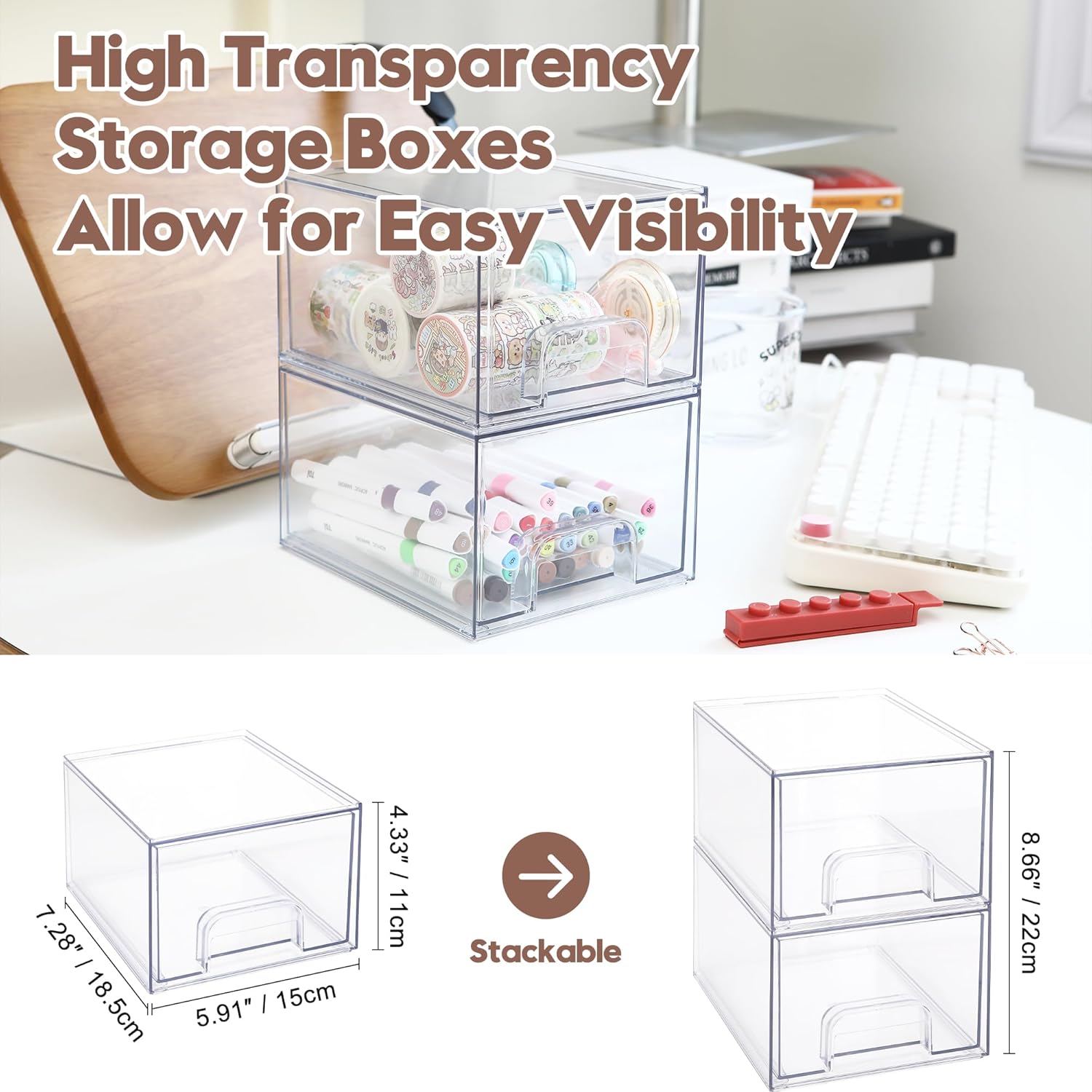 Sea Team 2-Pack Clear Makeup Organizer with Drawers, Acrylic Plastic Cosmetic Display Case, Jewelry Storage Box, Holder for Dresser, Bathroom, Vanity, Kitchen Cabinets, Pantry, Countertop