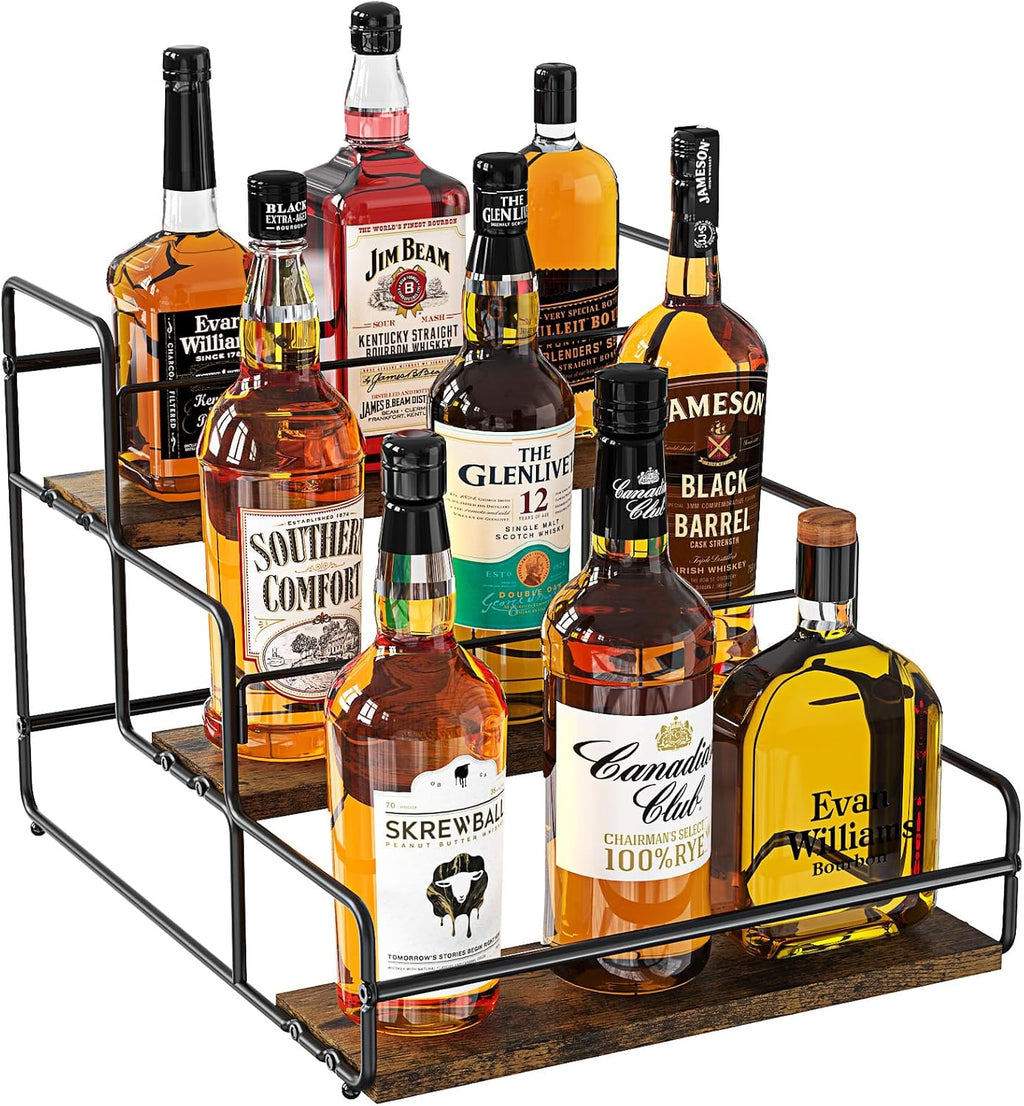 Nuovoware Liquor Bottle Display Shelf, 3-Tier Liquor Shelf, Carbon Steel Bar Cabinet with Wooden Base and Retainer Bar for Whiskey Syrup Wine, Wine Rack for Countertop Kitchen Coffee Bar, Black
